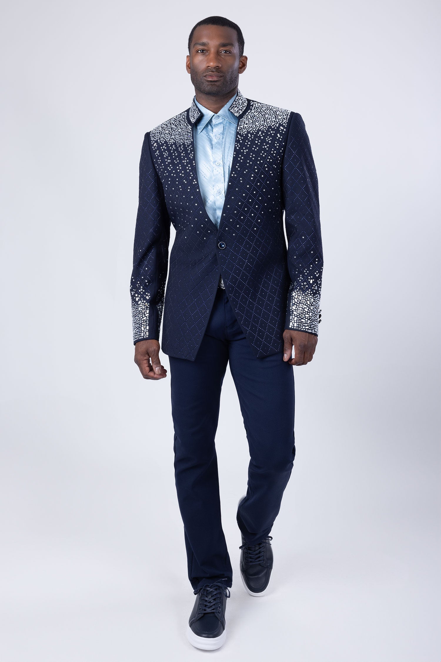 Barabas Men's Geometric Pattern Rhinestone Henley Lapel Blazer 4EBL53 Navy