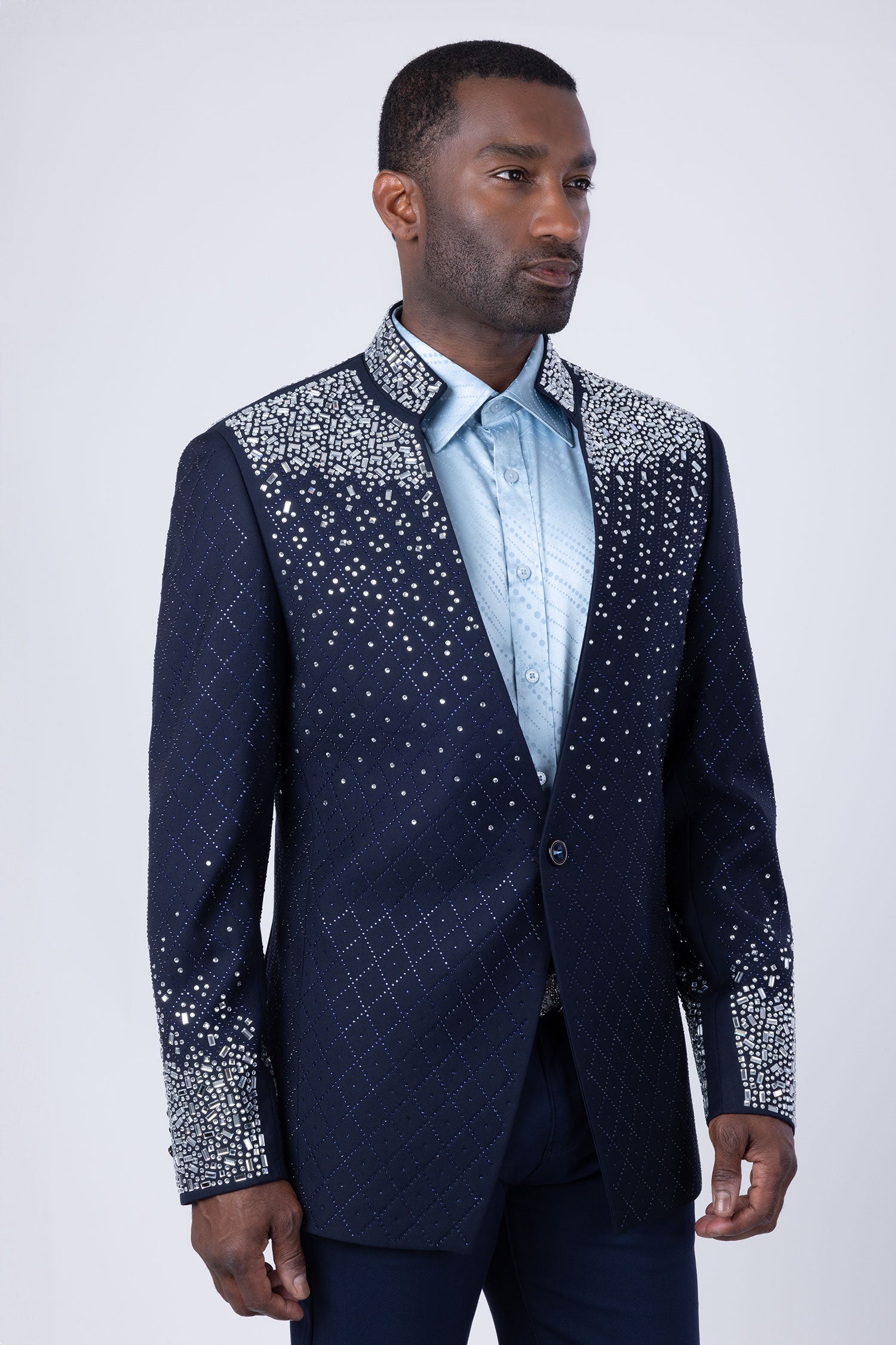 Barabas Men's Geometric Pattern Rhinestone Henley Lapel Blazer 4EBL53 Navy