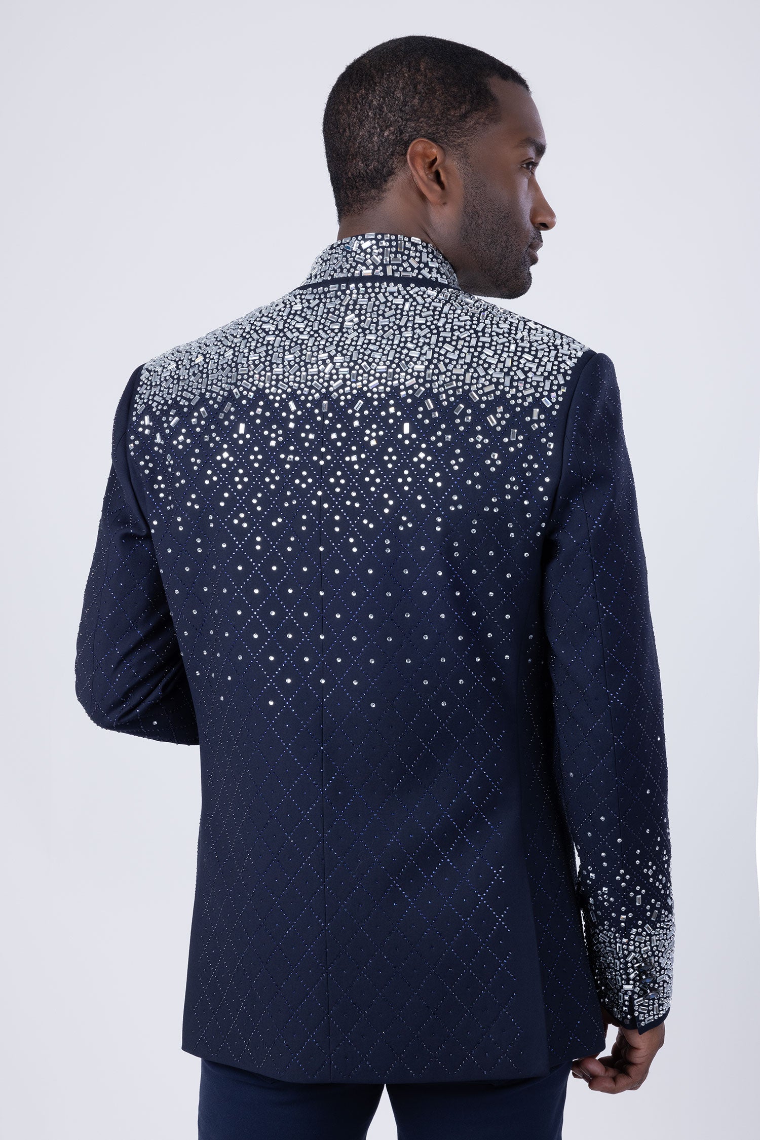 Barabas Men's Geometric Pattern Rhinestone Henley Lapel Blazer 4EBL53 Blue