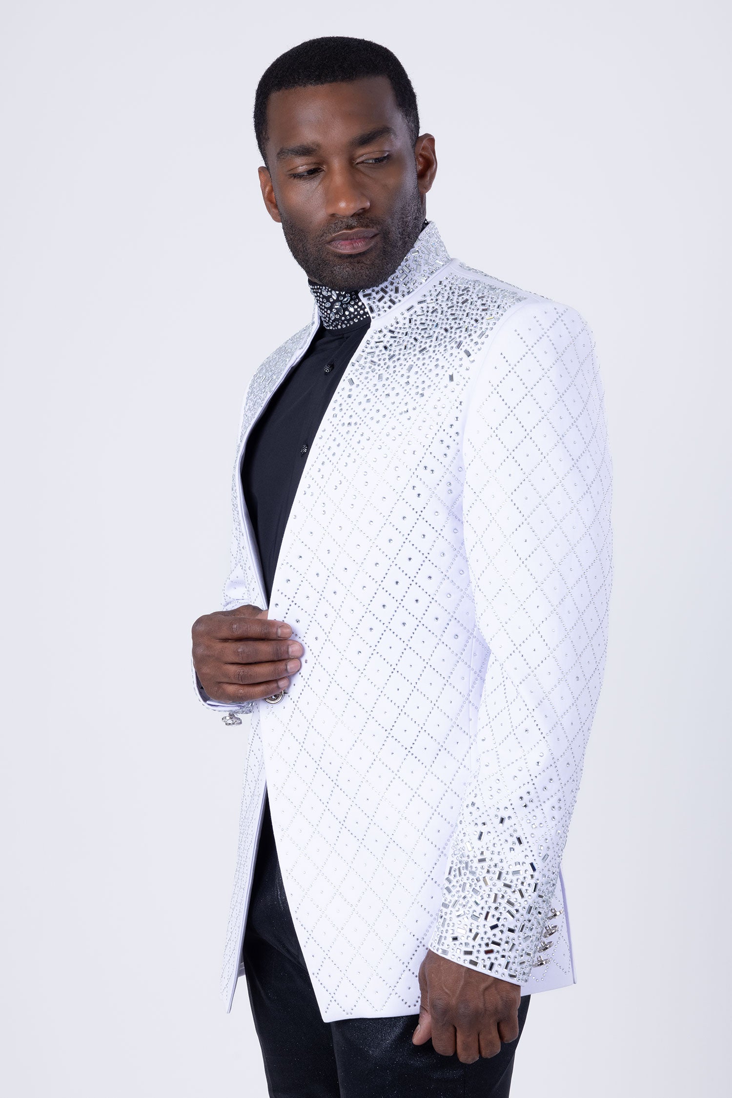 Barabas Men's Geometric Pattern Rhinestone Henley Lapel Blazer 4EBL53 White