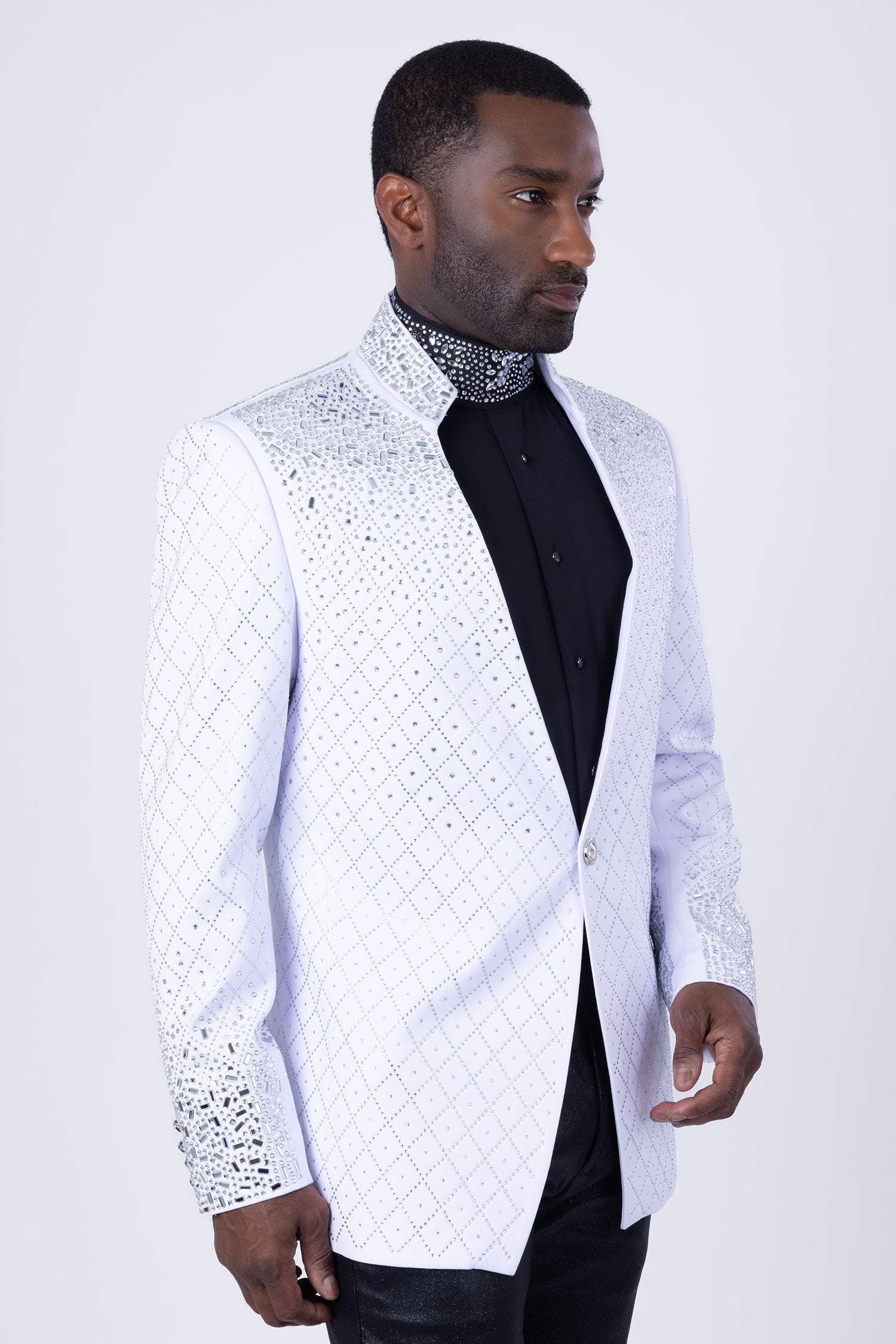 Barabas Men's Geometric Pattern Rhinestone Henley Lapel Blazer 4EBL53 Silver