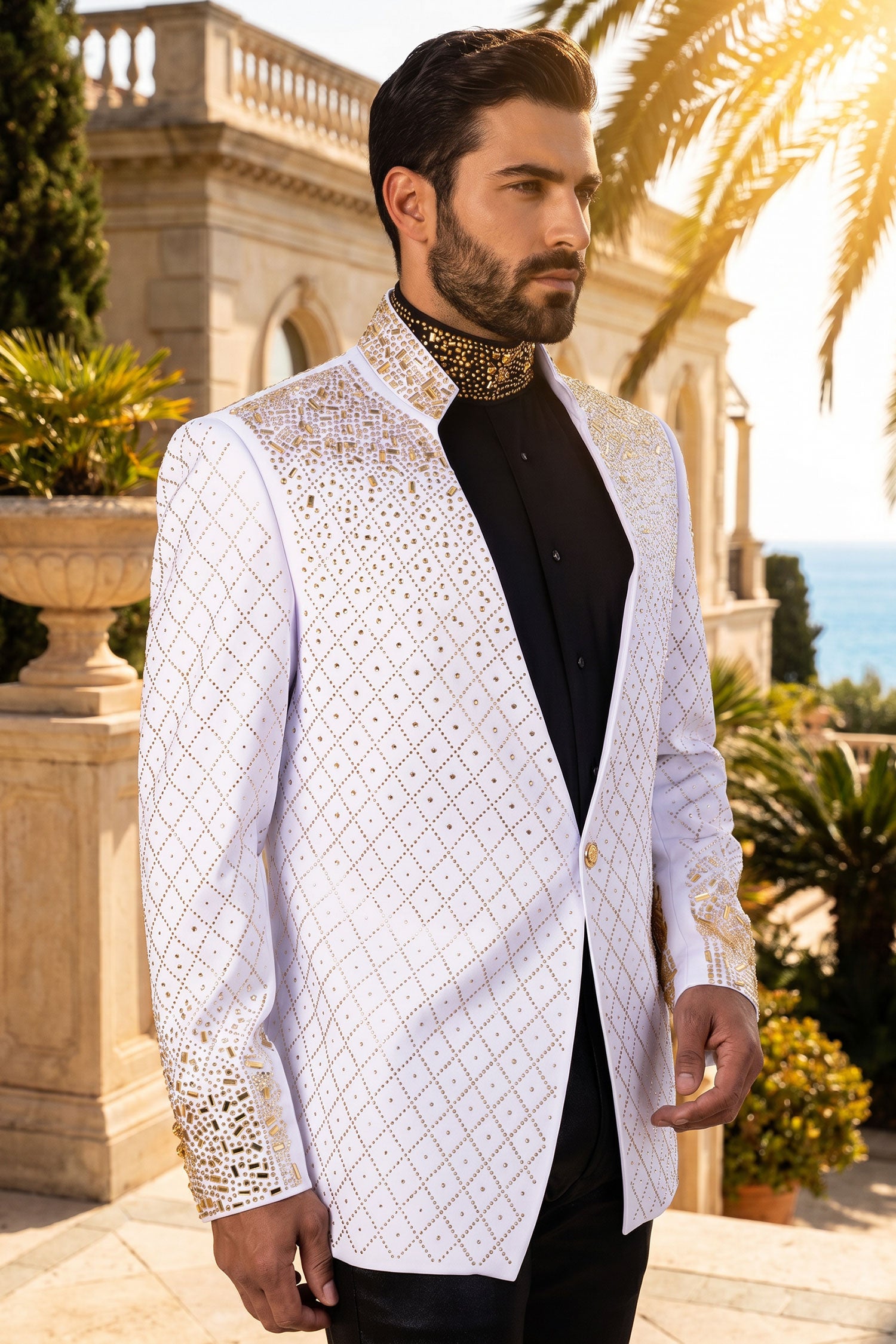Barabas Men's Geometric Pattern Rhinestone Henley Lapel Blazer 4EBL53 White Gold