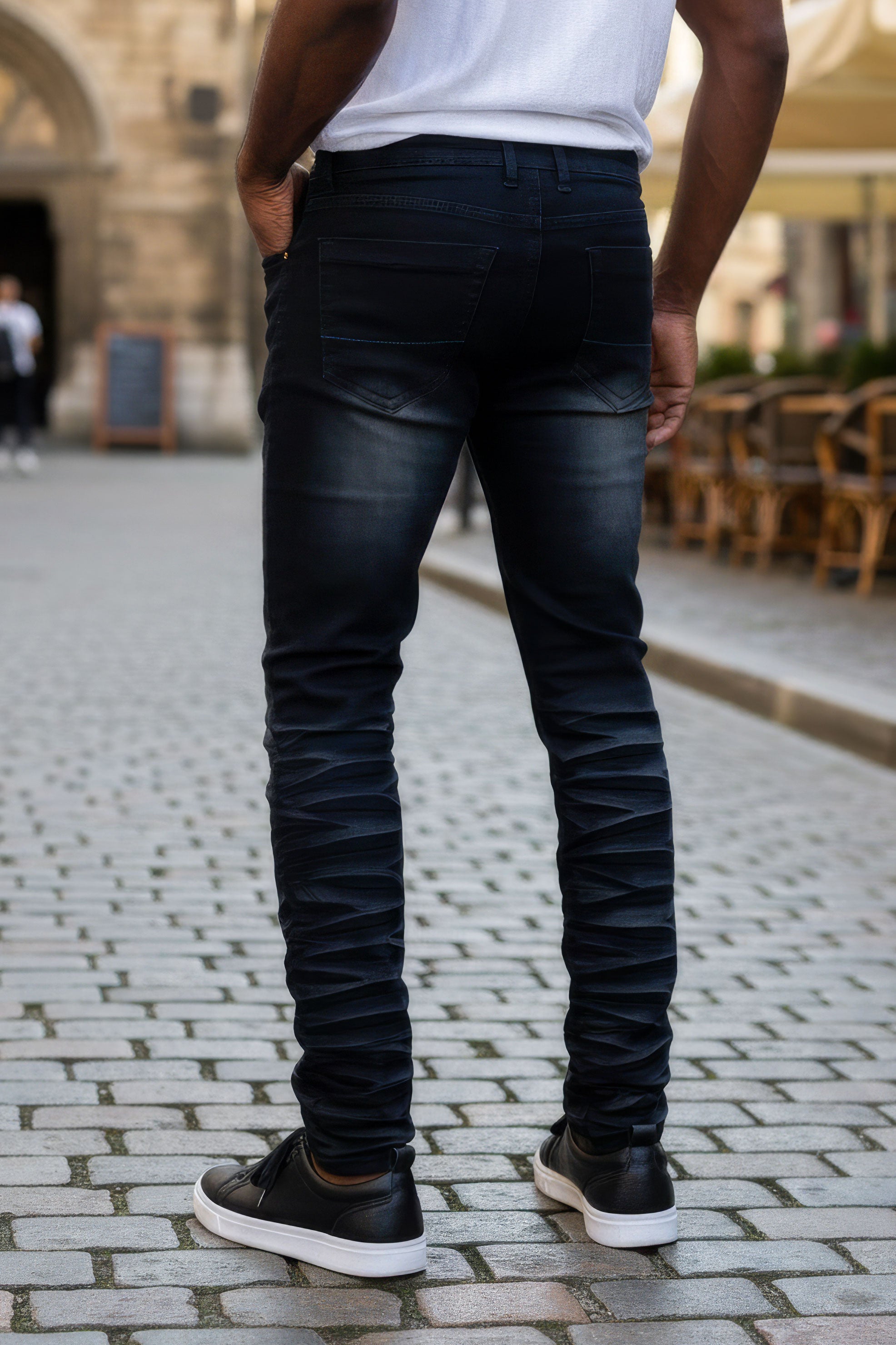 Barabas Men's Washed Bottom Crumpled Effect Premium Denim Jeans 4JE14 Black