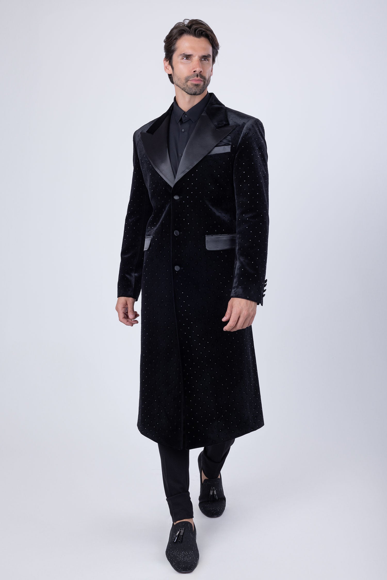 Barabas Men's Rhinestone Velvet Peak Lapel Long Coat 4LBL49 Black