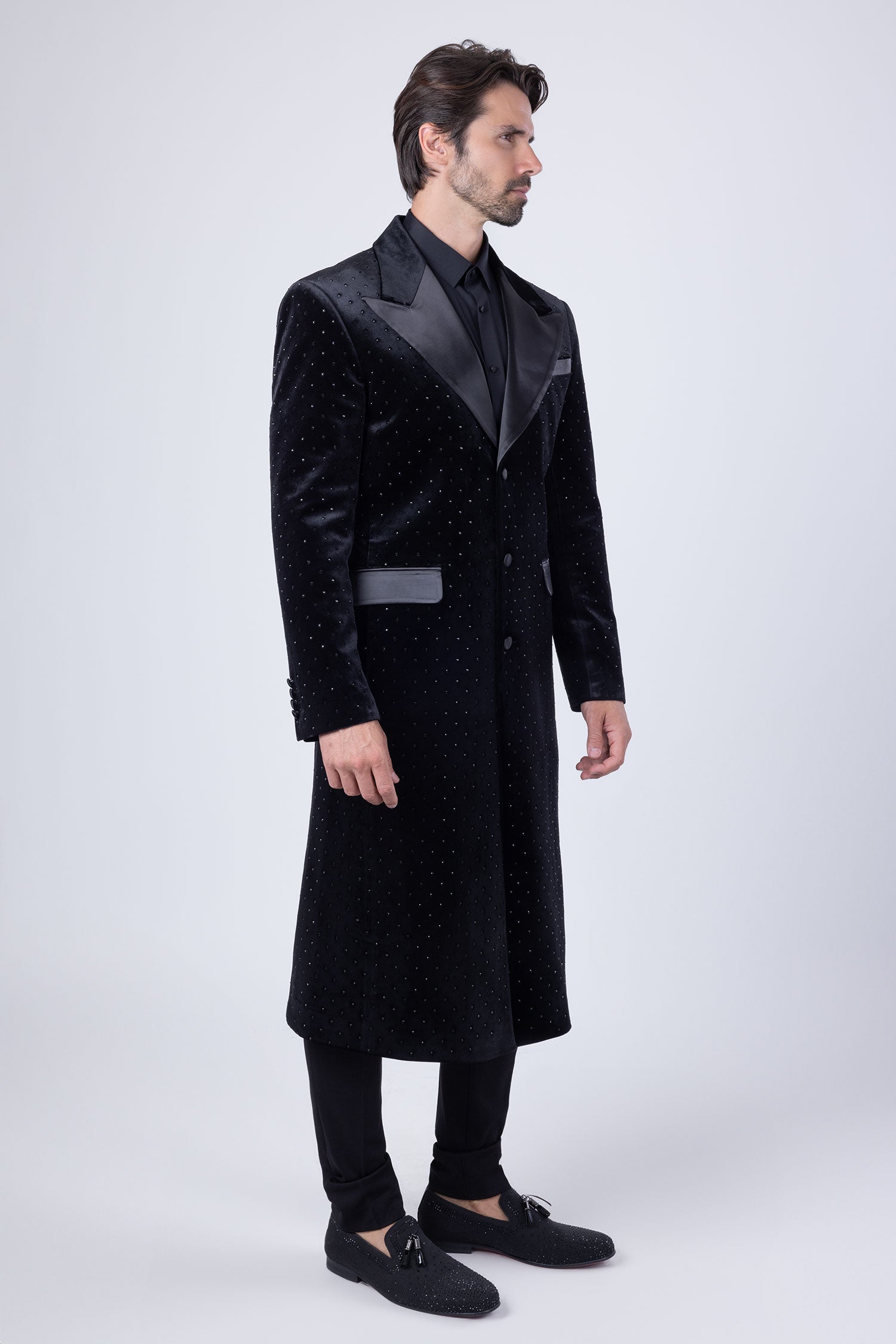 Barabas Men's Rhinestone Velvet Peak Lapel Long Coat 4LBL49 Black