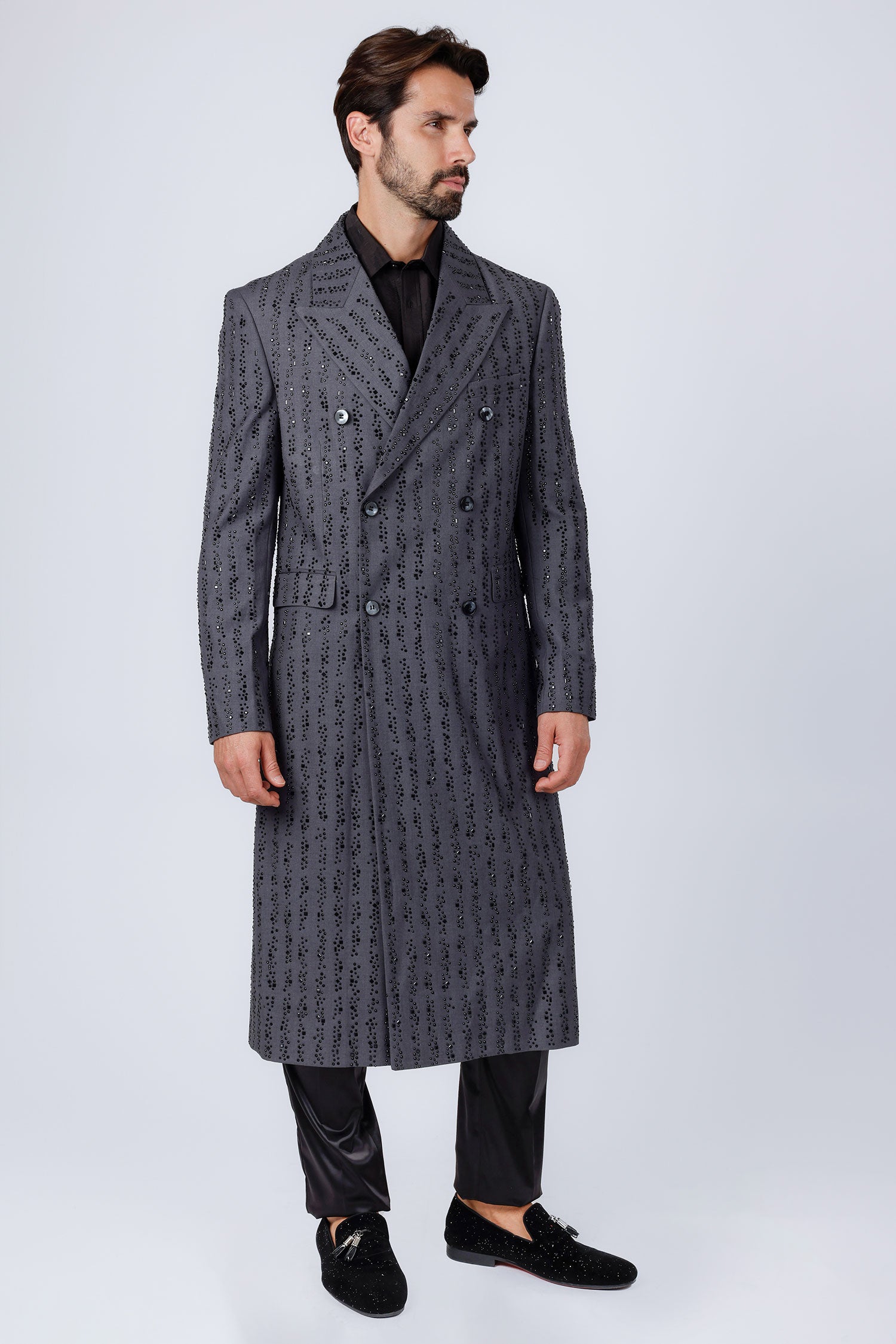 Barabas Men's Rhinestone Pattern Long Coat Blazer 4LBL55 Grey