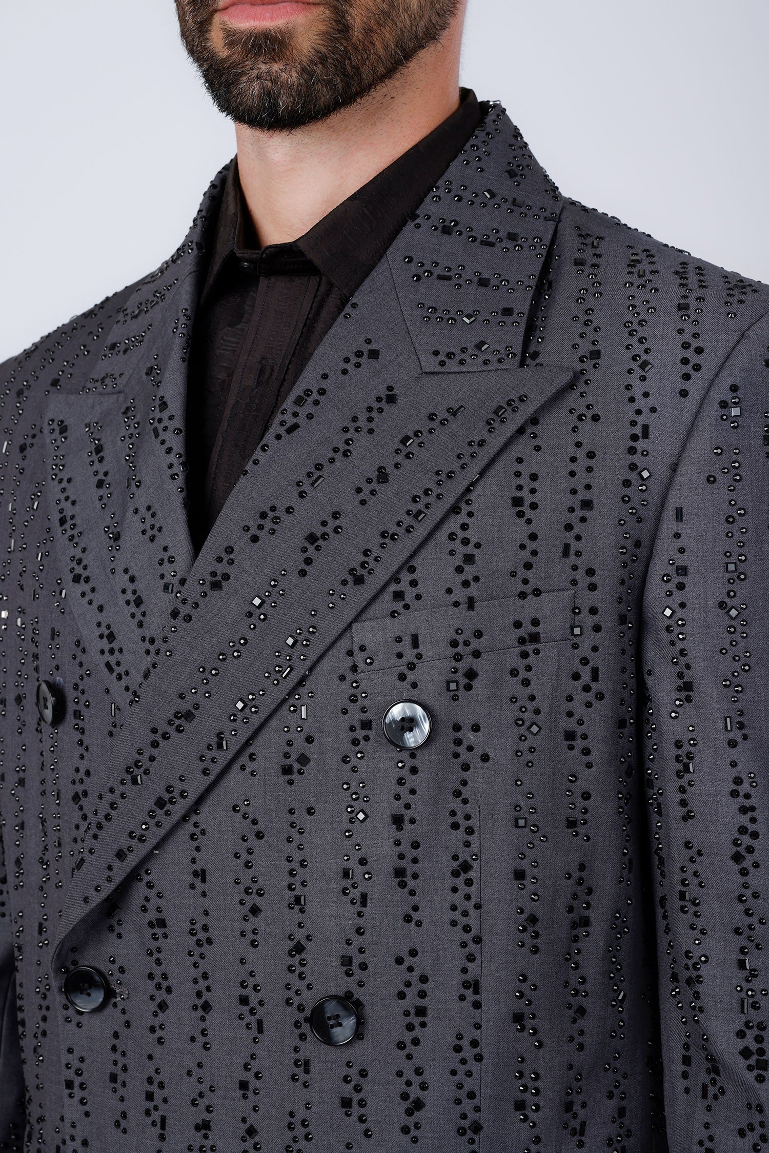 Barabas Men's Rhinestone Pattern Long Coat Blazer 4LBL55 Grey Black