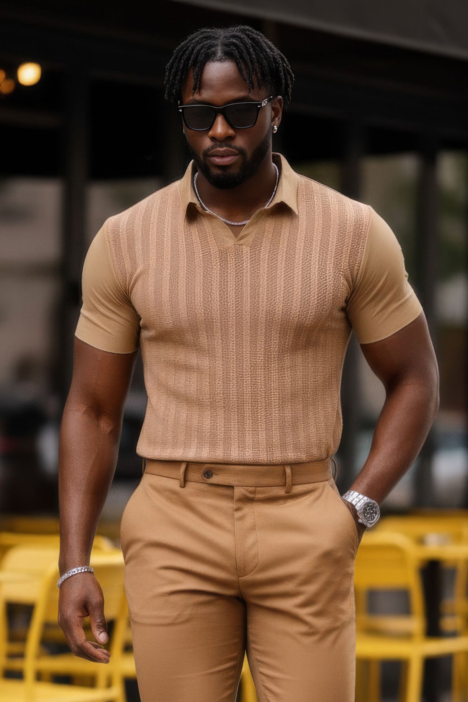 Barabas Men's Solid Color V-Neck Highly Stretch Polo Shirts 4P23 Khaki