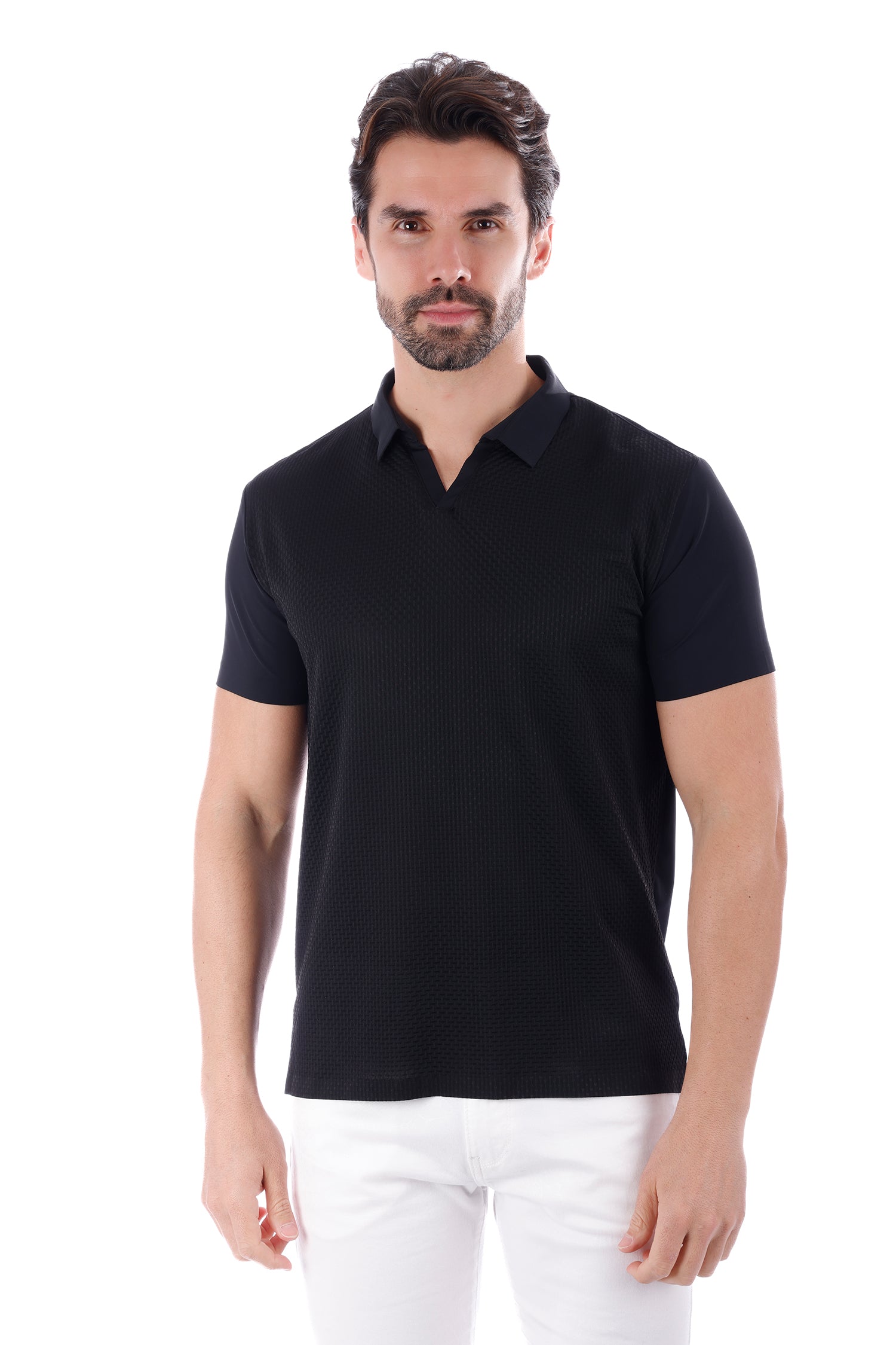 Barabas Men's Solid Color Stretch See Through V-Neck Polo Shirts 4P24 Black