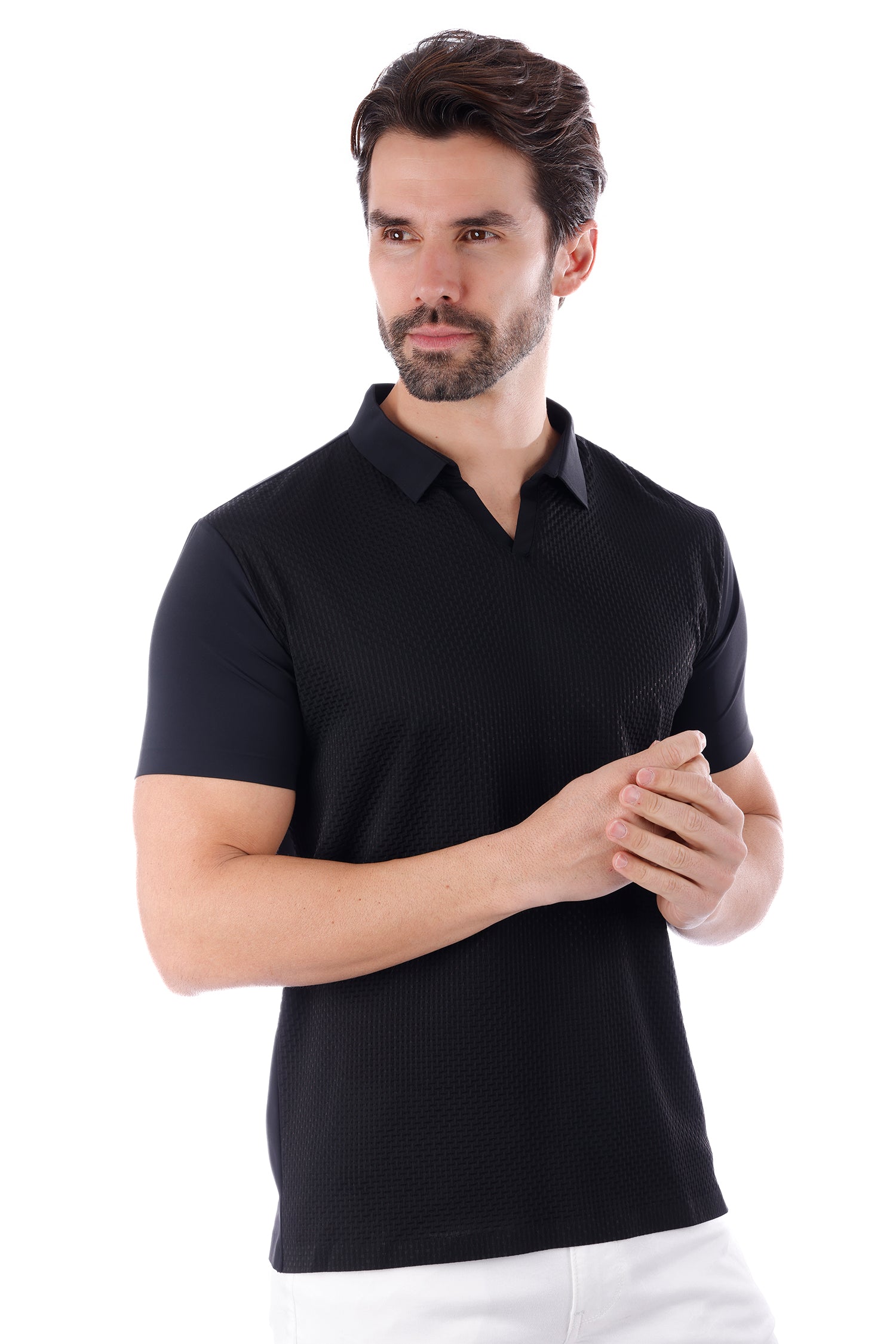 Barabas Men's Solid Color Stretch See Through V-Neck Polo Shirts 4P24 Black