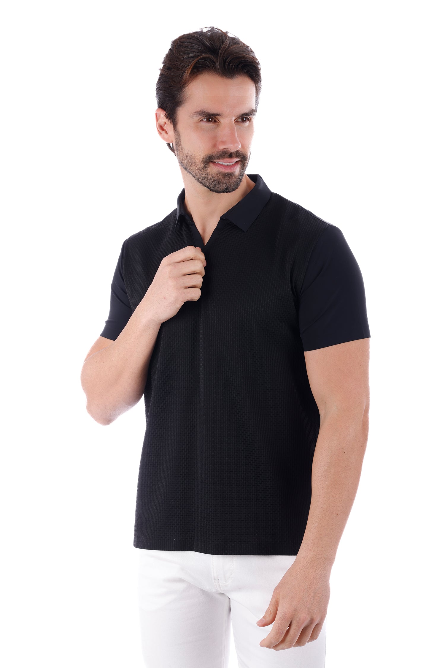 Barabas Men's Solid Color Stretch See Through V-Neck Polo Shirts 4P24 Black