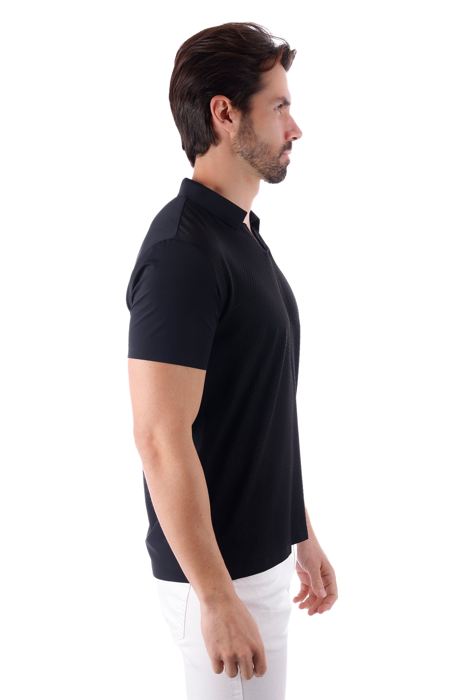 Barabas Men's Solid Color Stretch See Through V-Neck Polo Shirts 4P24 Black