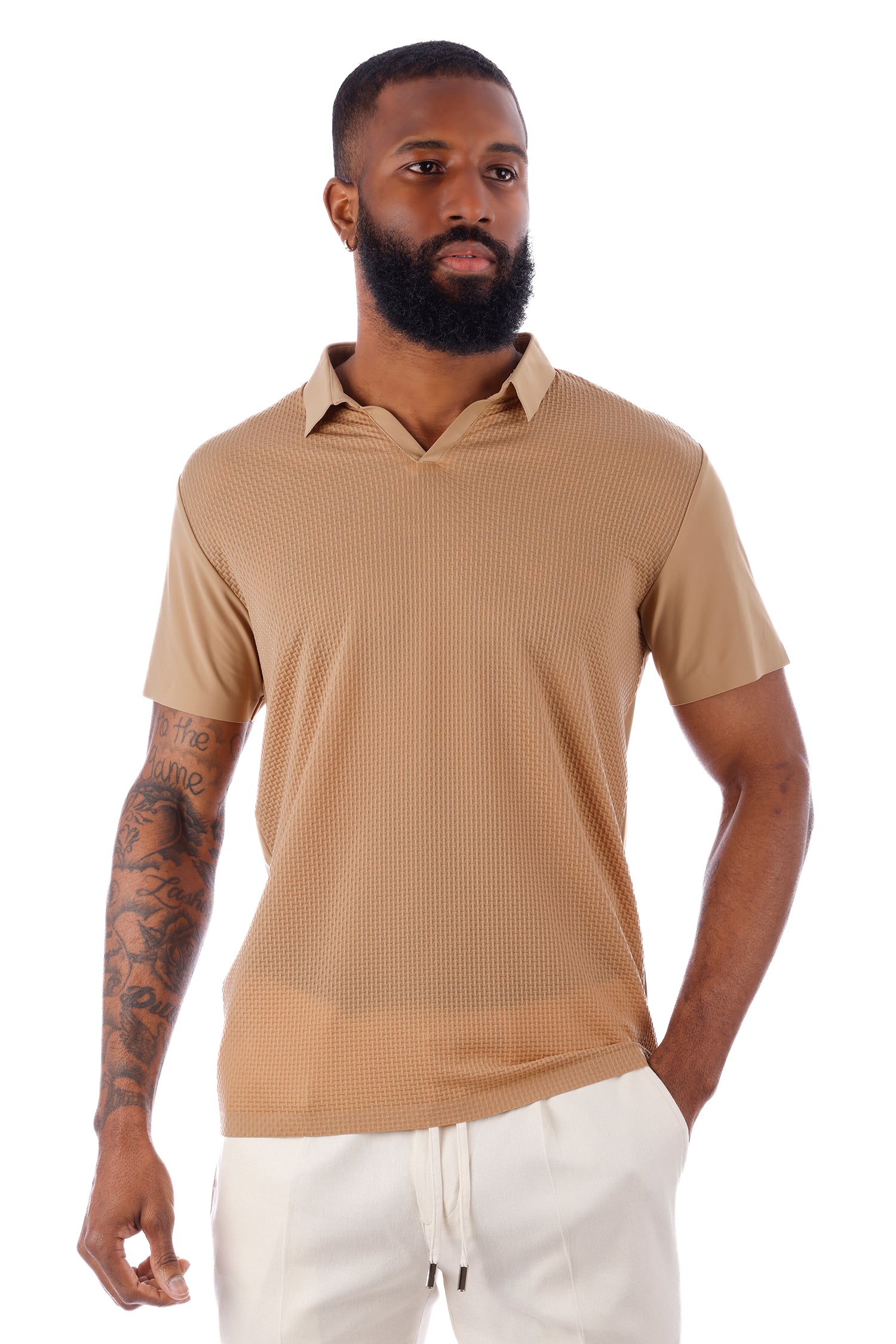 Barabas Men's Solid Color Stretch See Through V-Neck Polo Shirts 4P24 Khaki