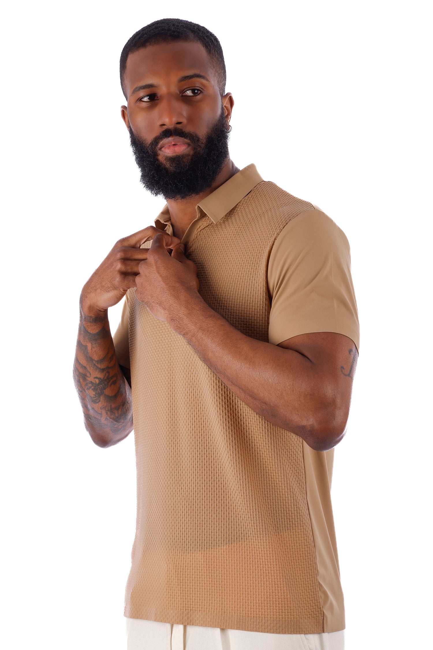 Barabas Men's Solid Color Stretch See Through V-Neck Polo Shirts 4P24 Khaki