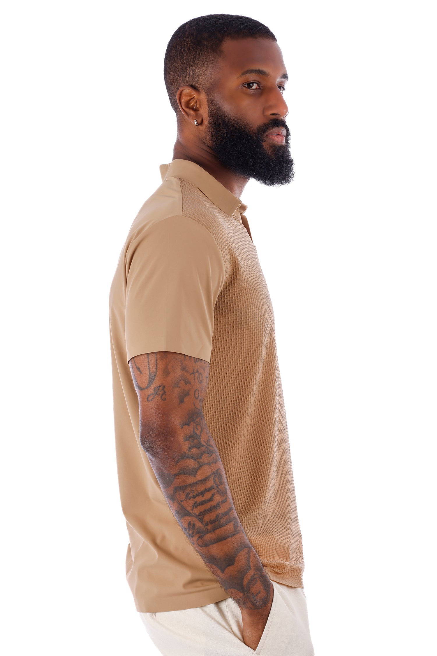 Barabas Men's Solid Color Stretch See Through V-Neck Polo Shirts 4P24 Khaki