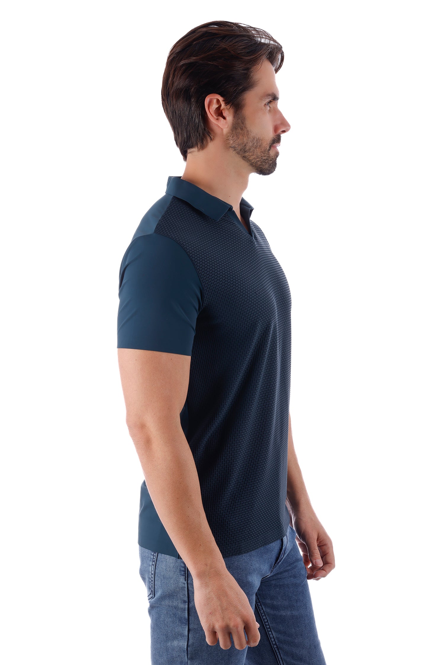 Barabas Men's Solid Color Stretch See Through V-Neck Polo Shirts 4P24 Lake Blue