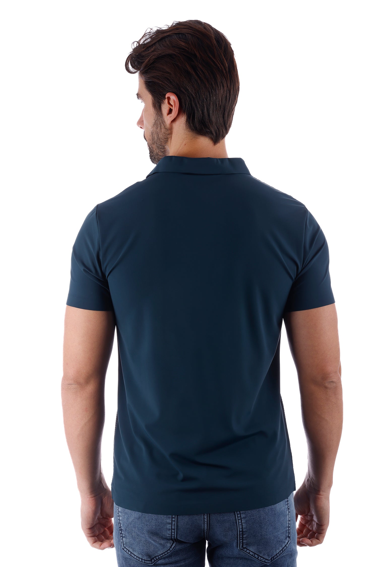 Barabas Men's Solid Color Stretch See Through V-Neck Polo Shirts 4P24 Lake Blue