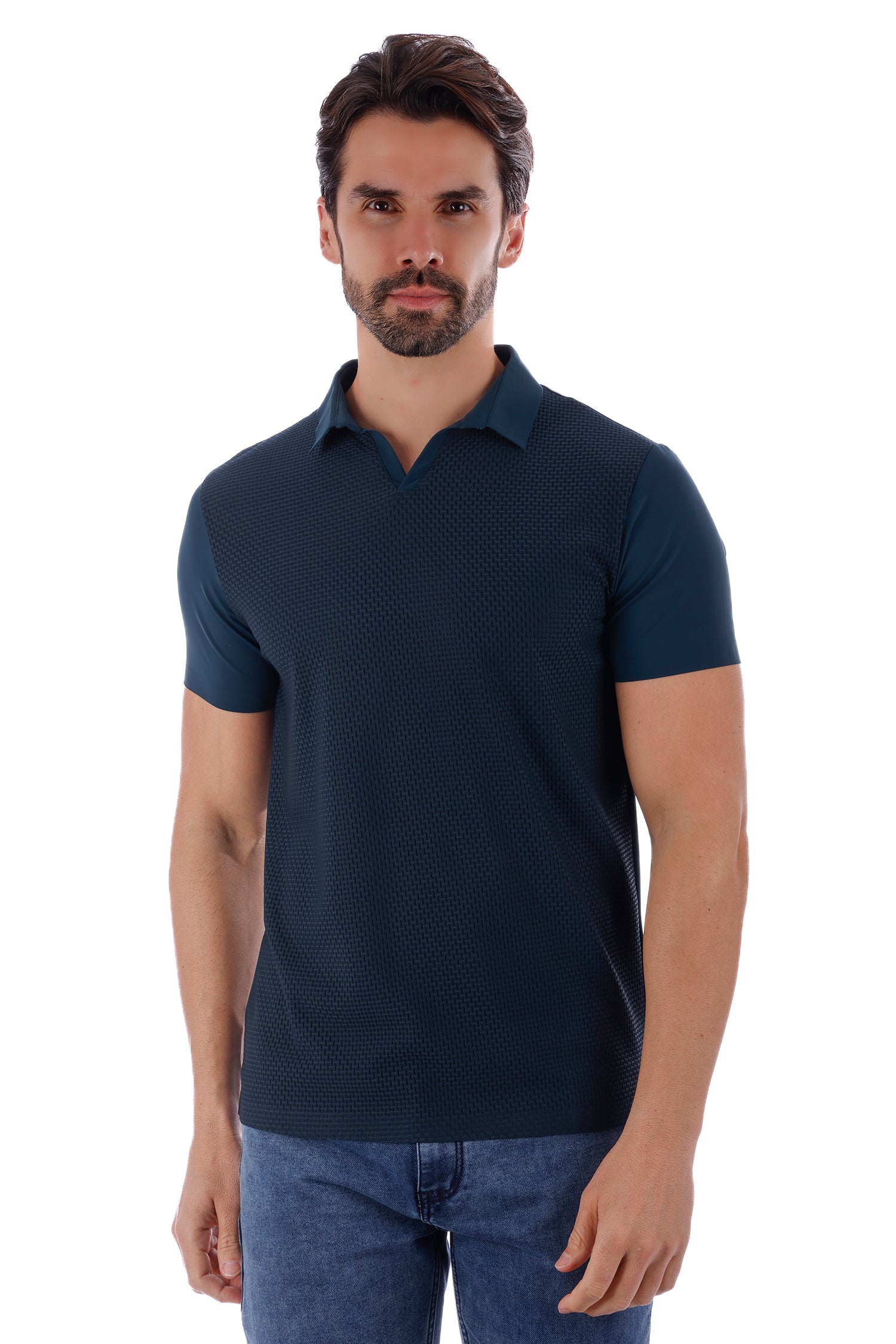 Barabas Men's Solid Color Stretch See Through V-Neck Polo Shirts 4P24 Lake Blue