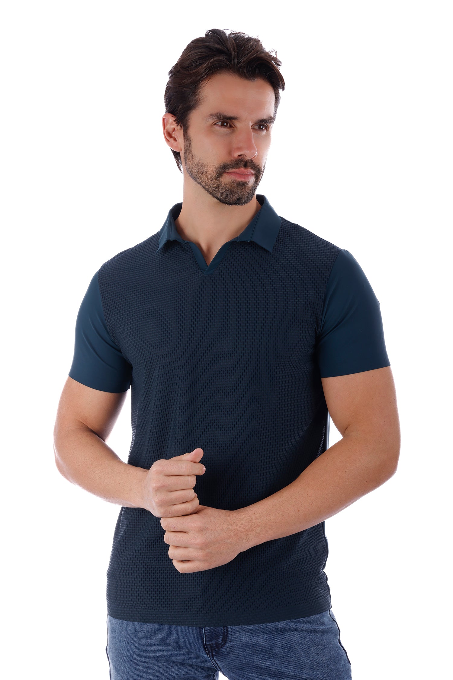 Barabas Men's Solid Color Stretch See Through V-Neck Polo Shirts 4P24 Lake Blue