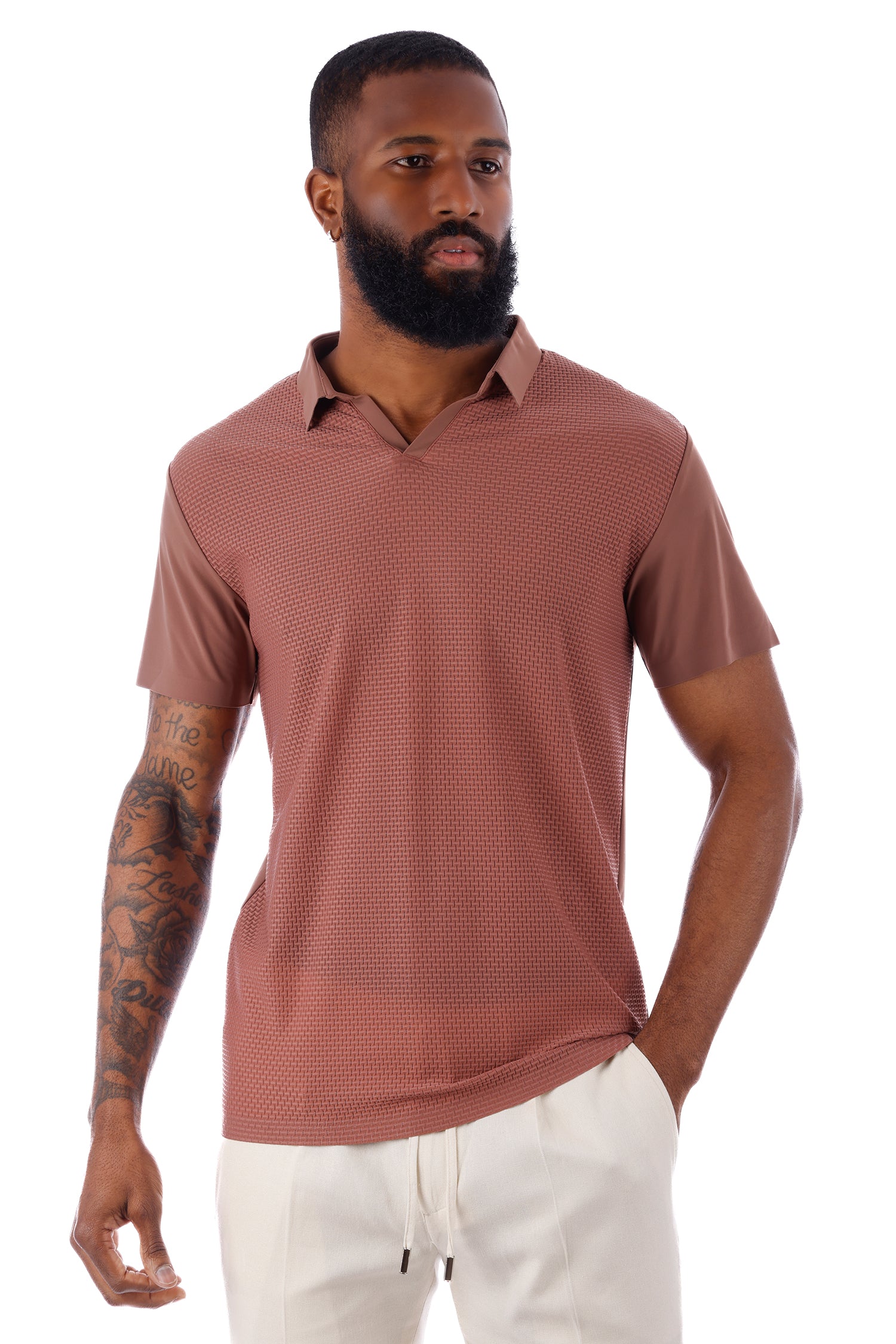 Barabas Men's Solid Color Stretch See Through V-Neck Polo Shirts 4P24 Russet Red