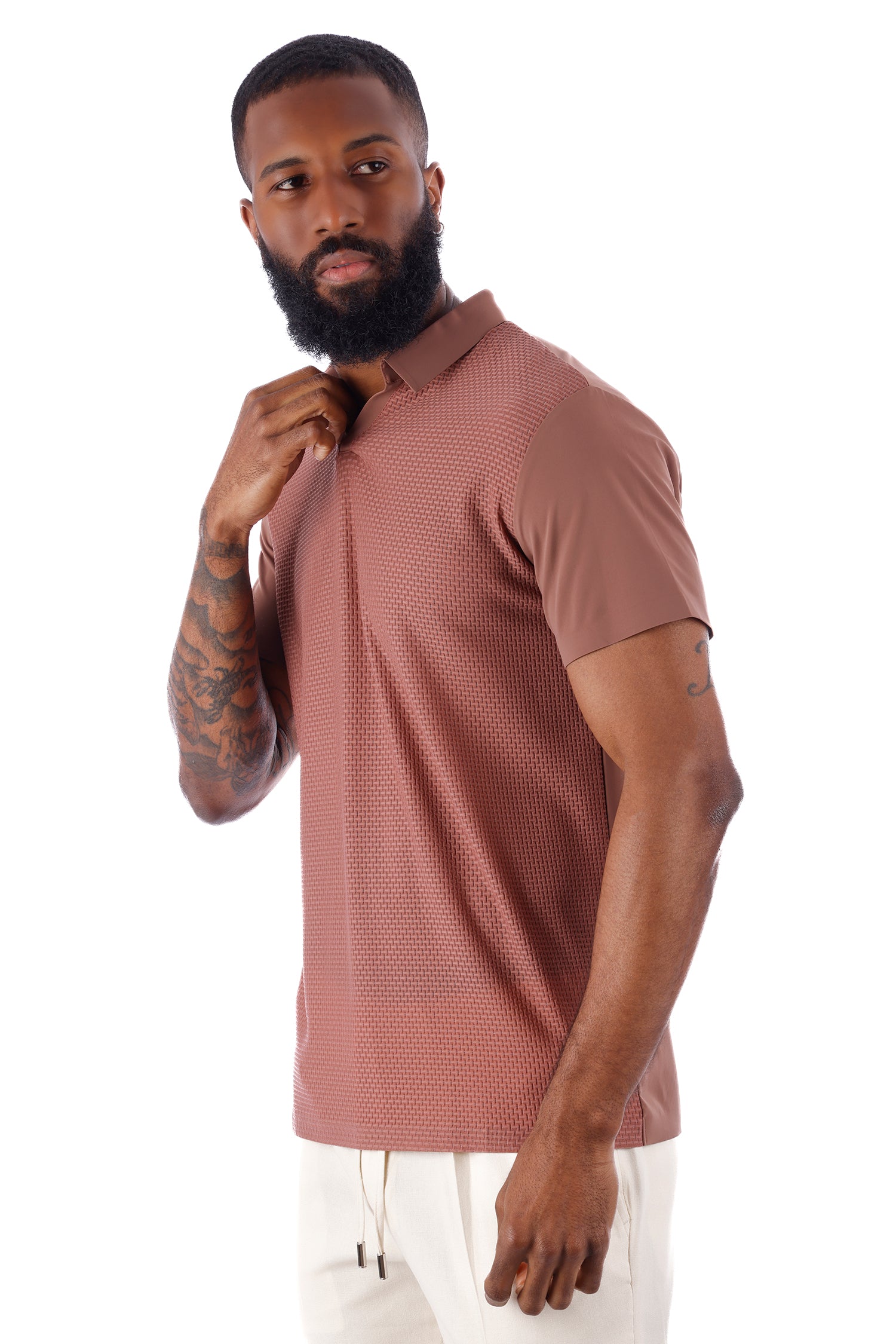 Barabas Men's Solid Color Stretch See Through V-Neck Polo Shirts 4P24 Russet Red