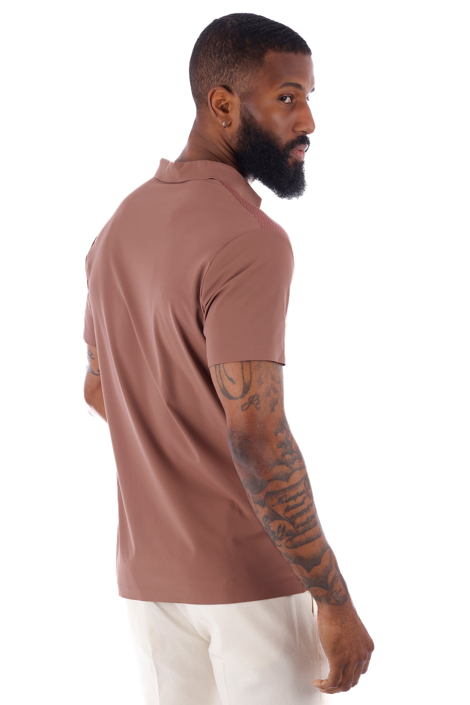 Barabas Men's Solid Color Stretch See Through V-Neck Polo Shirts 4P24 Russet Red