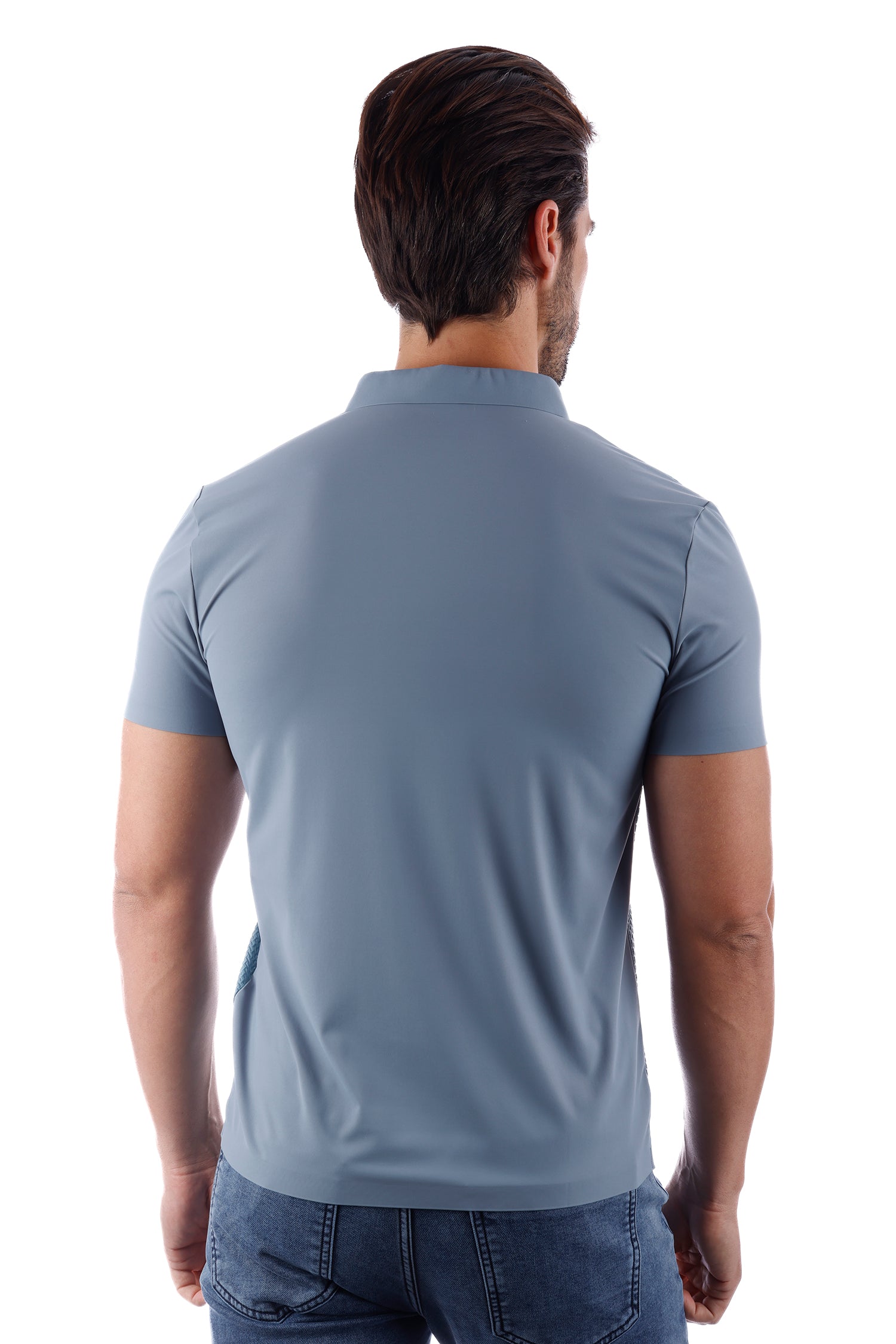 Barabas Men's Solid Color Stretch See Through V-Neck Polo Shirts 4P24 Sky Blue