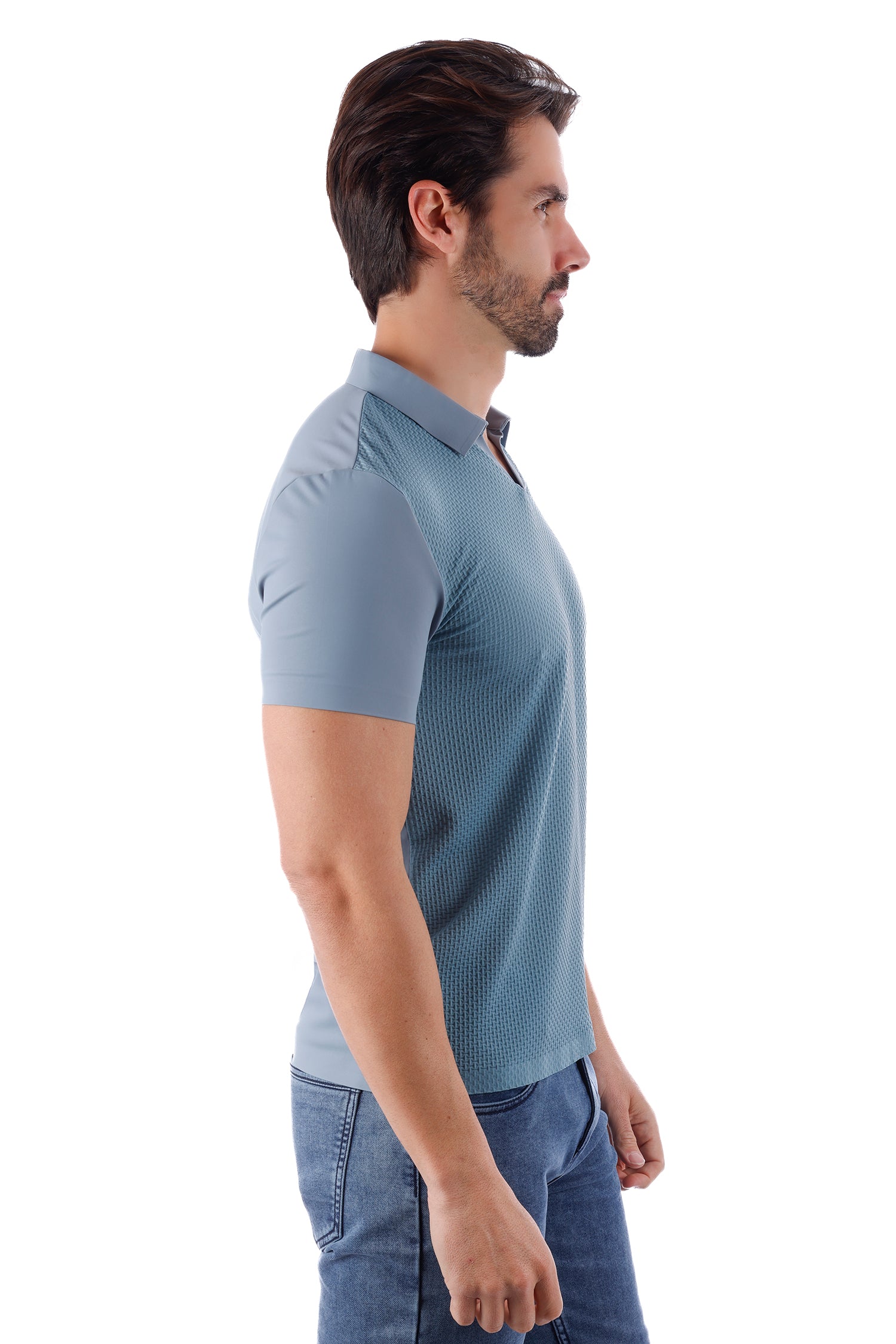 Barabas Men's Solid Color Stretch See Through V-Neck Polo Shirts 4P24 Sky Blue