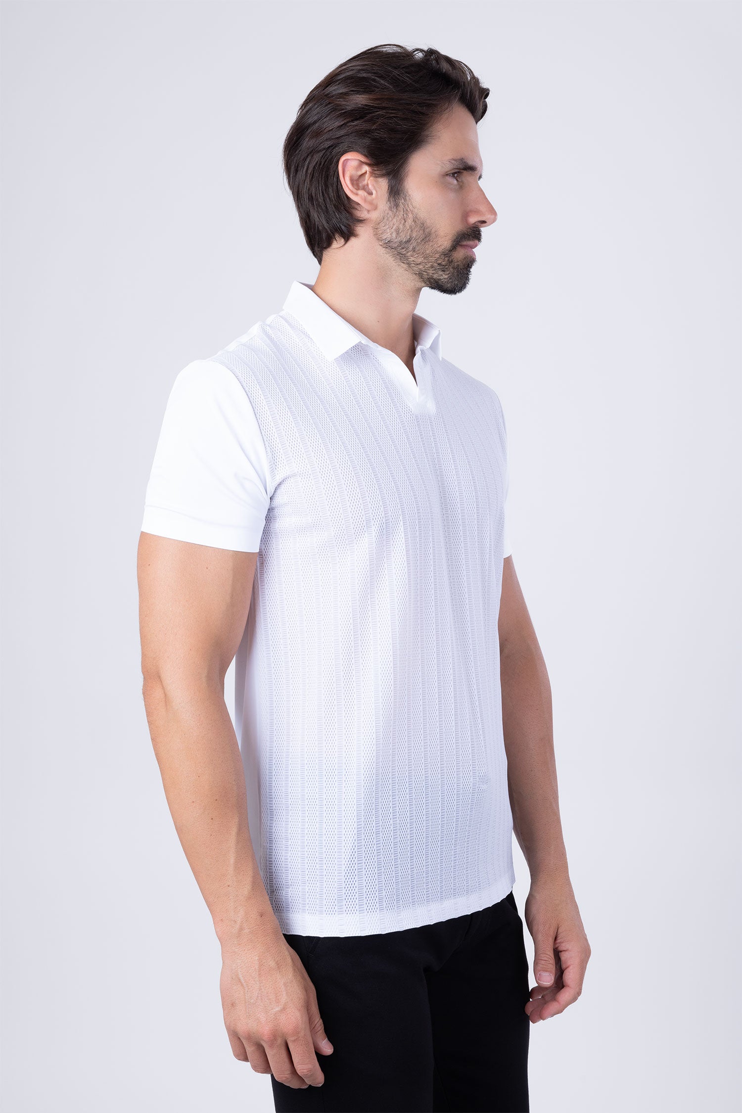 Barabas Men's Solid Color Stretch See Through V-Neck Polo Shirts 4P24 White