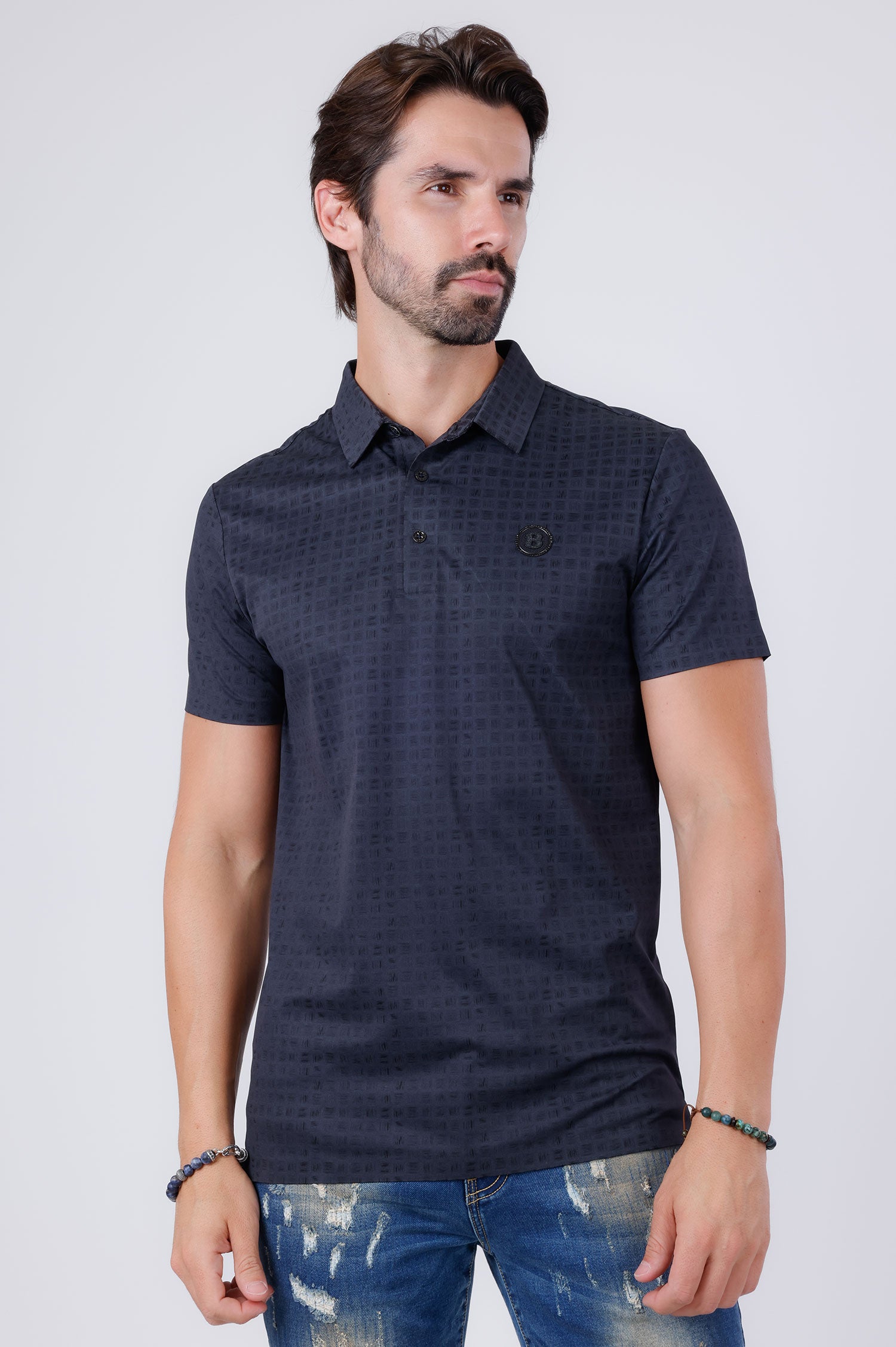 Barabas Men's Checkered Geometric Pattern Stretch Polo Shirts 4P25 Black