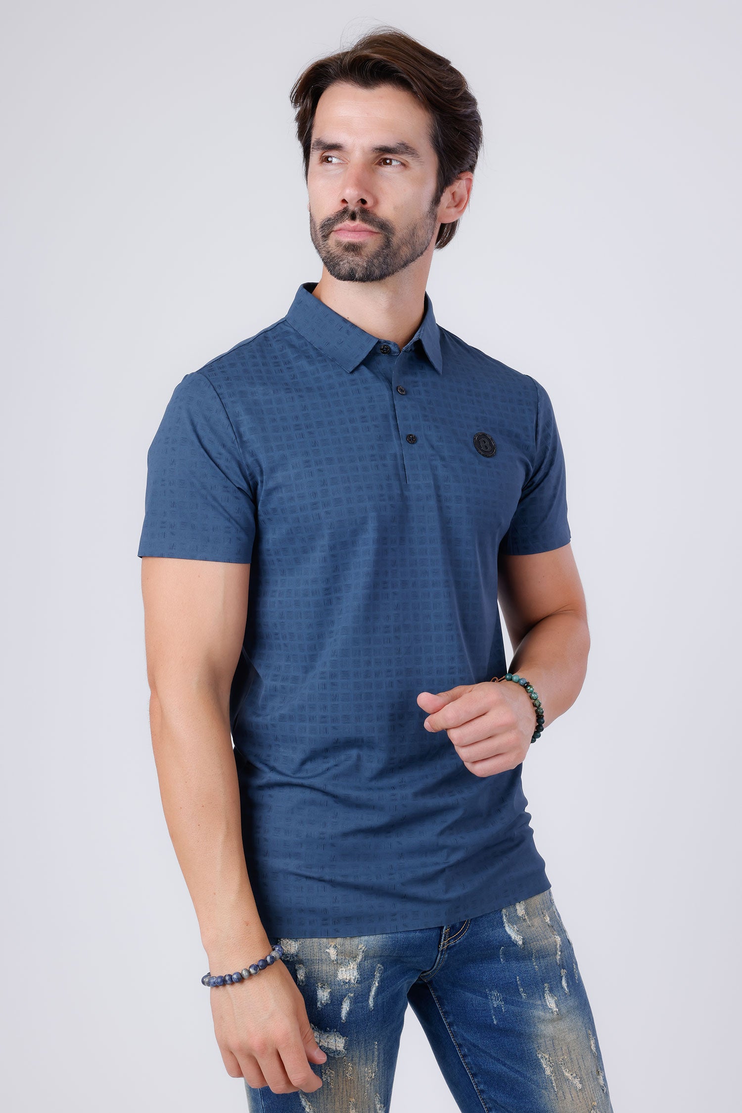 Barabas Men's Checkered Geometric Pattern Stretch Polo Shirts 4P25 Navy