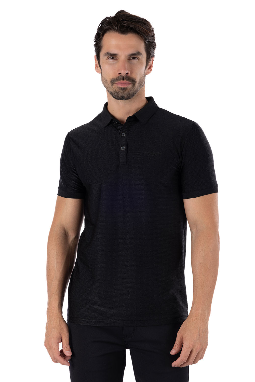 Barabas Men's Striped Solid Color Stretch Luxury Polo Shirts 4P30 Black