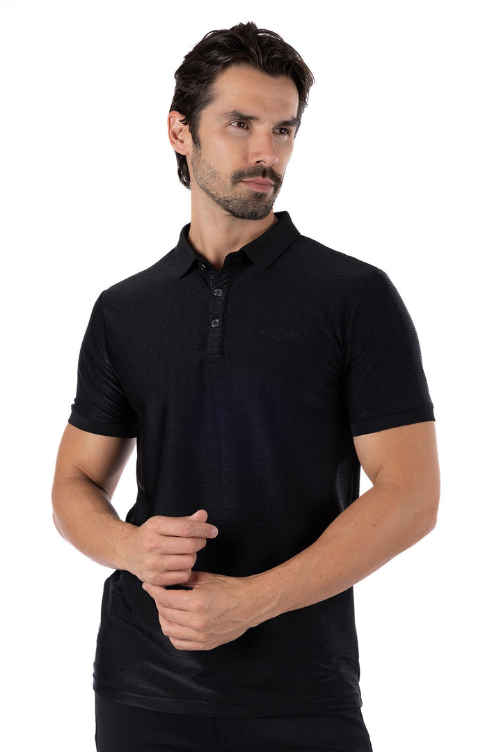 Barabas Men's Striped Solid Color Stretch Luxury Polo Shirts 4P30 Black
