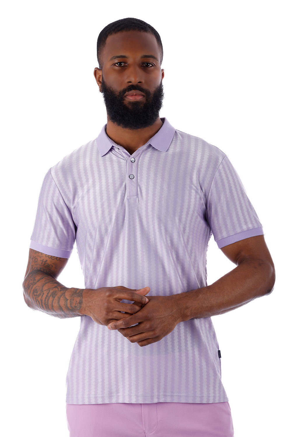 Barabas Men's Striped Solid Color Stretch Luxury Polo Shirts 4P30 Lavender