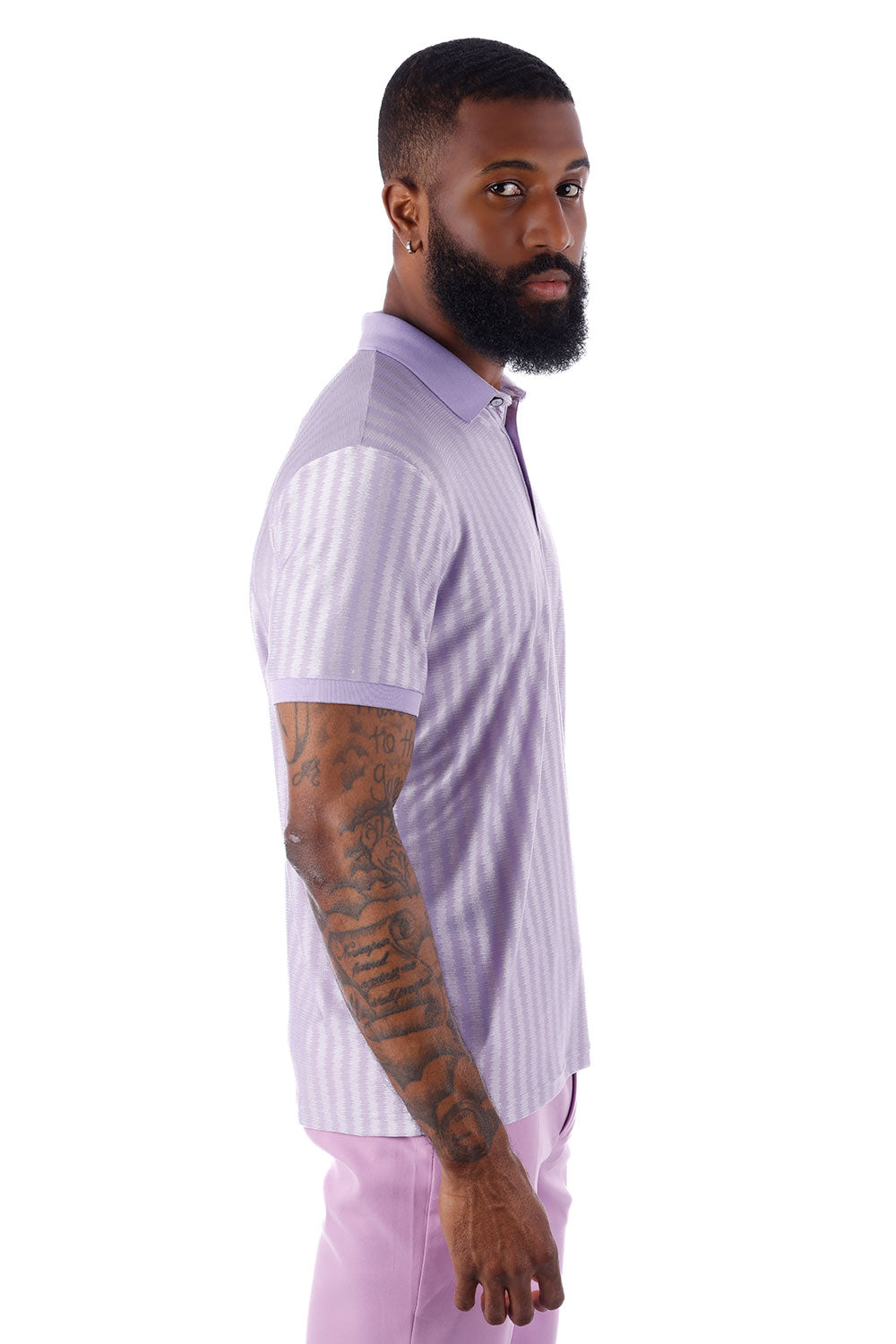 Barabas Men's Striped Solid Color Stretch Luxury Polo Shirts 4P30 Lavender