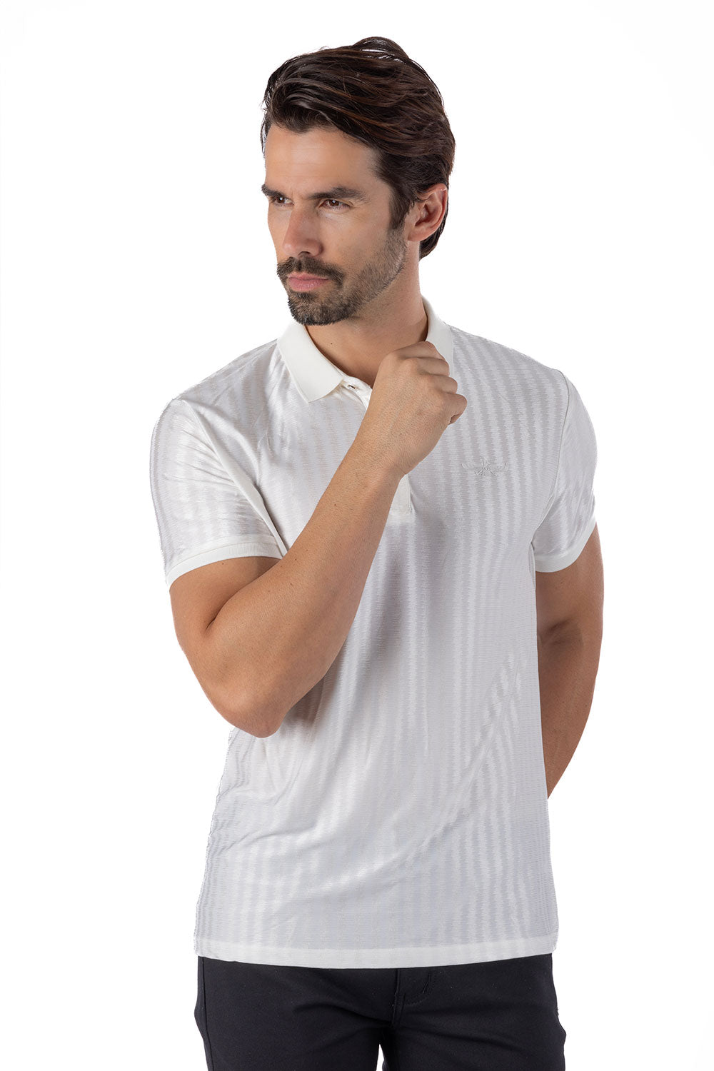 Barabas Men's Striped Solid Color Stretch Luxury Polo Shirts 4P30 White