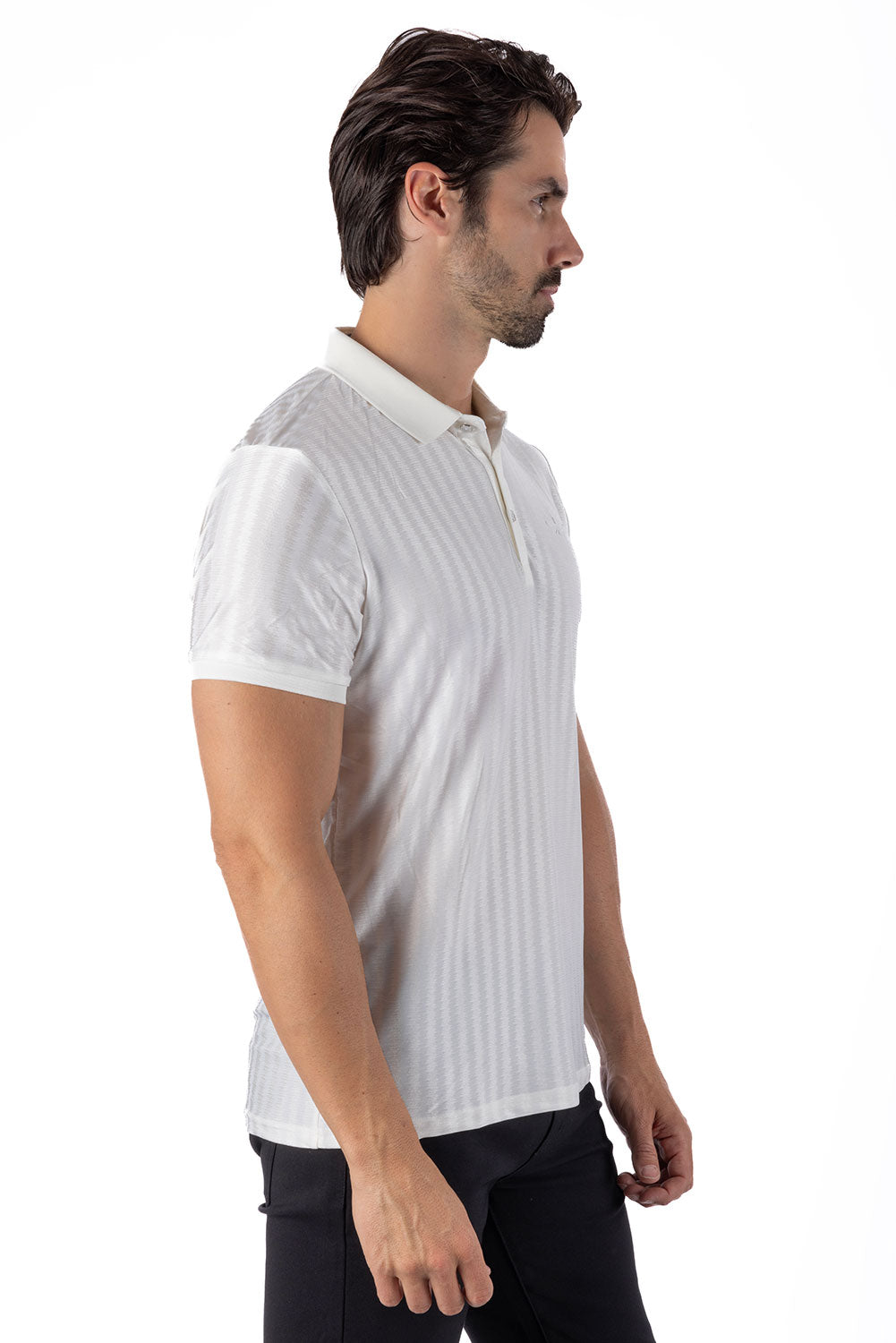 Barabas Men's Striped Solid Color Stretch Luxury Polo Shirts 4P30 White