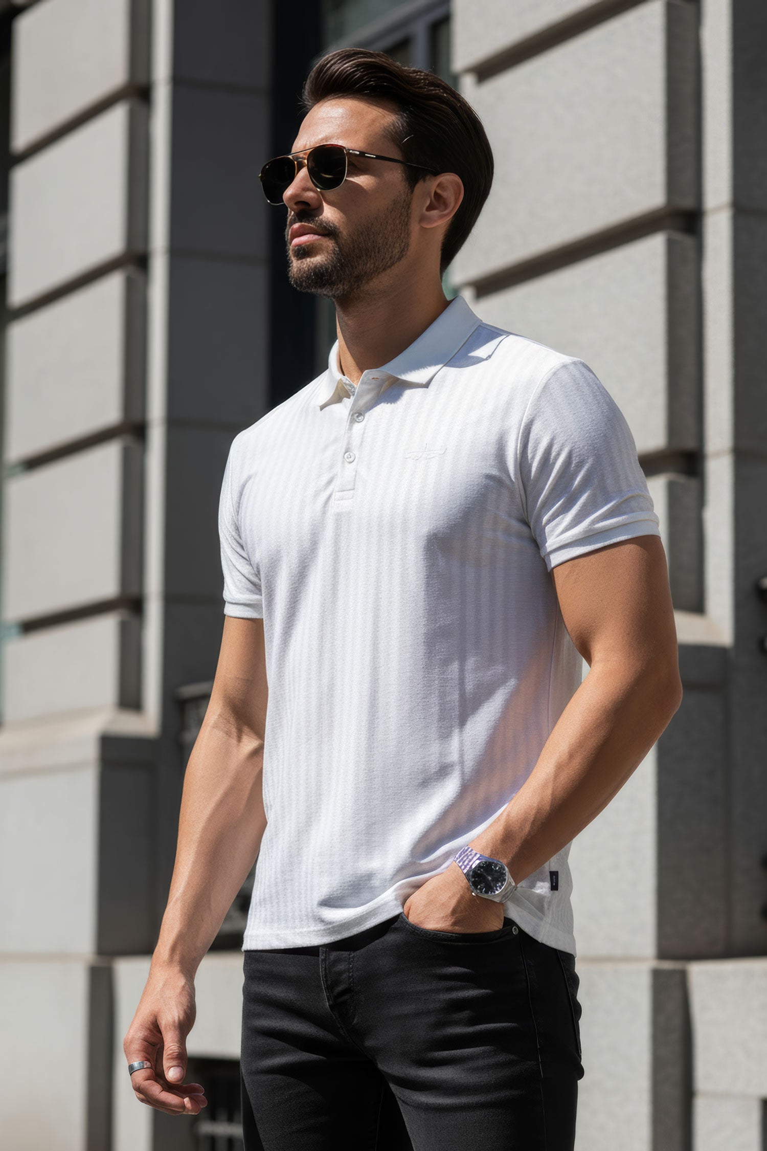 Barabas Men's Striped Solid Color Stretch Luxury Polo Shirts 4P30 White