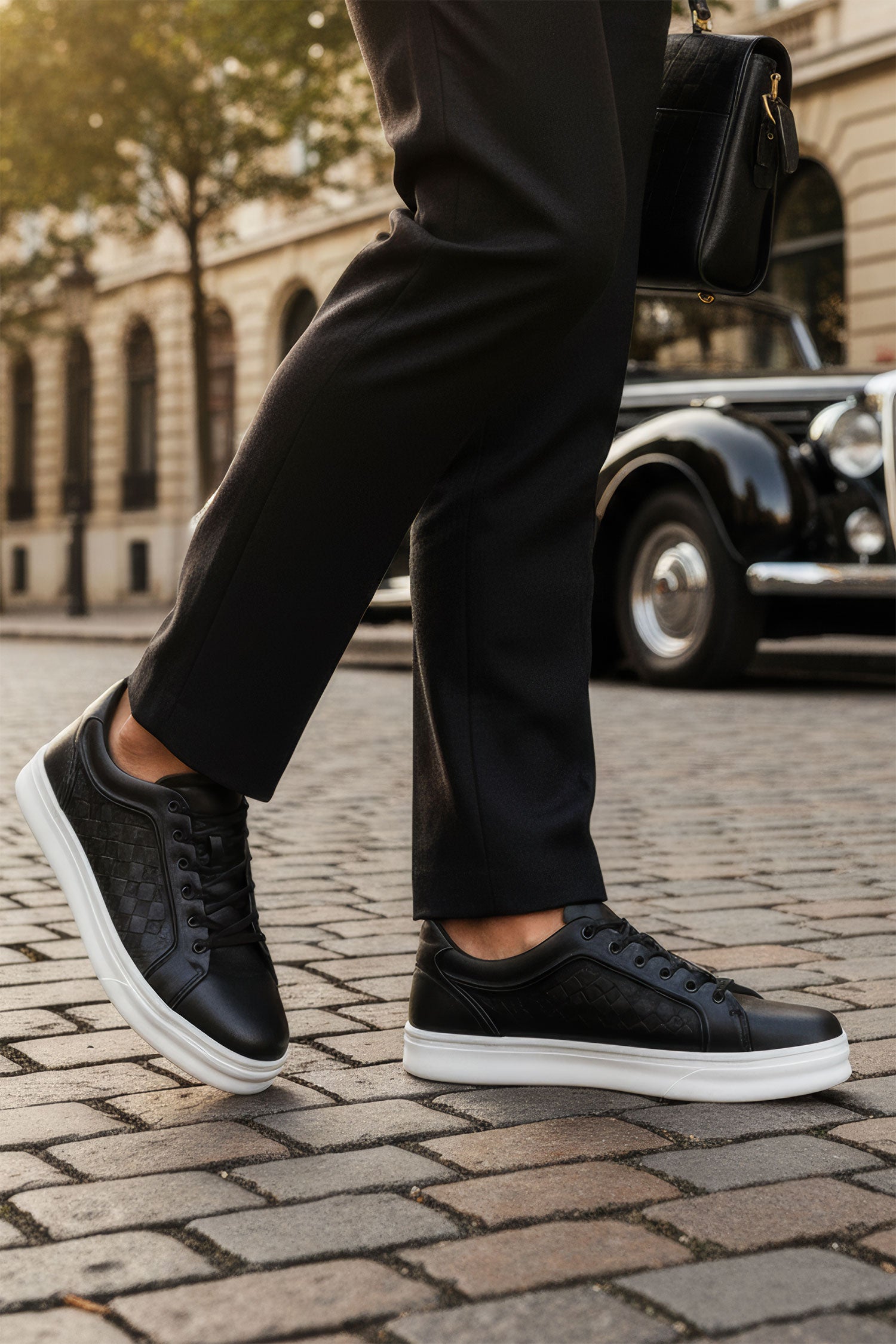 Barabas Men's Checkered Pattern Premium Leather Sneakers 4SK04 Black 