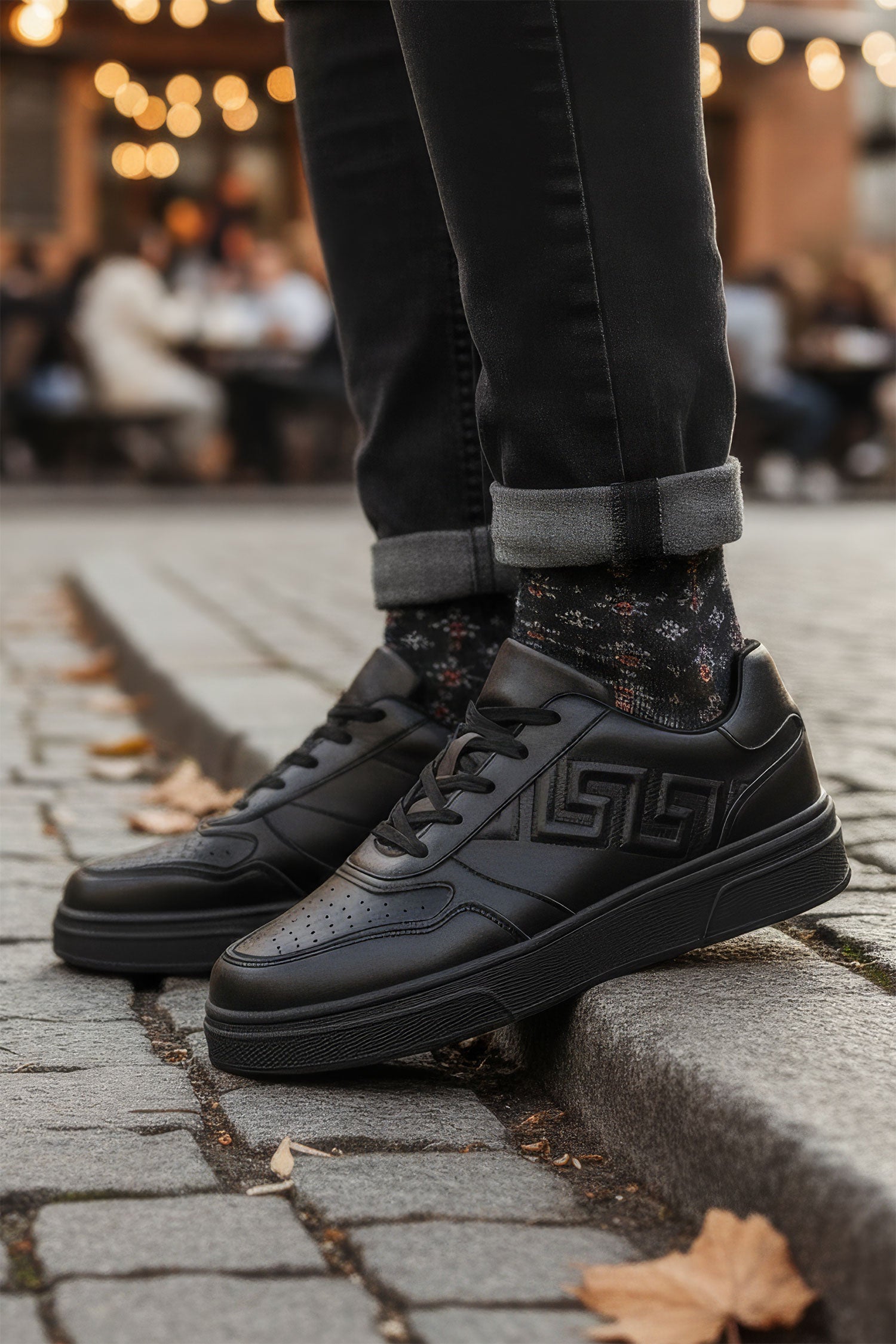 Barabas Men's Greek Key Sole Pattern Lace-up Sneakers 4SK09 Black