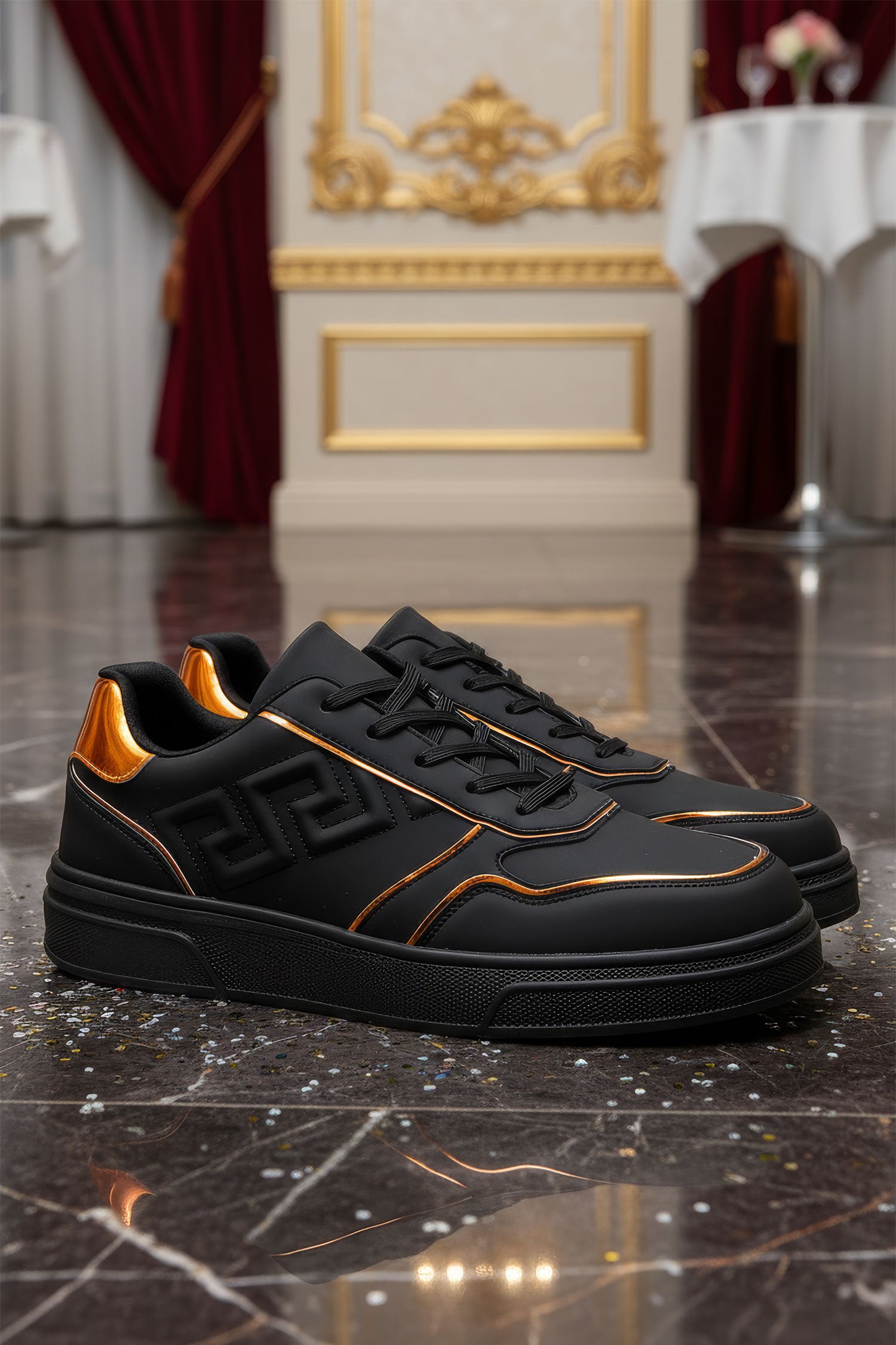 Barabas Men's Greek Key Sole Pattern Lace-up Sneakers 4SK09 Black Gold