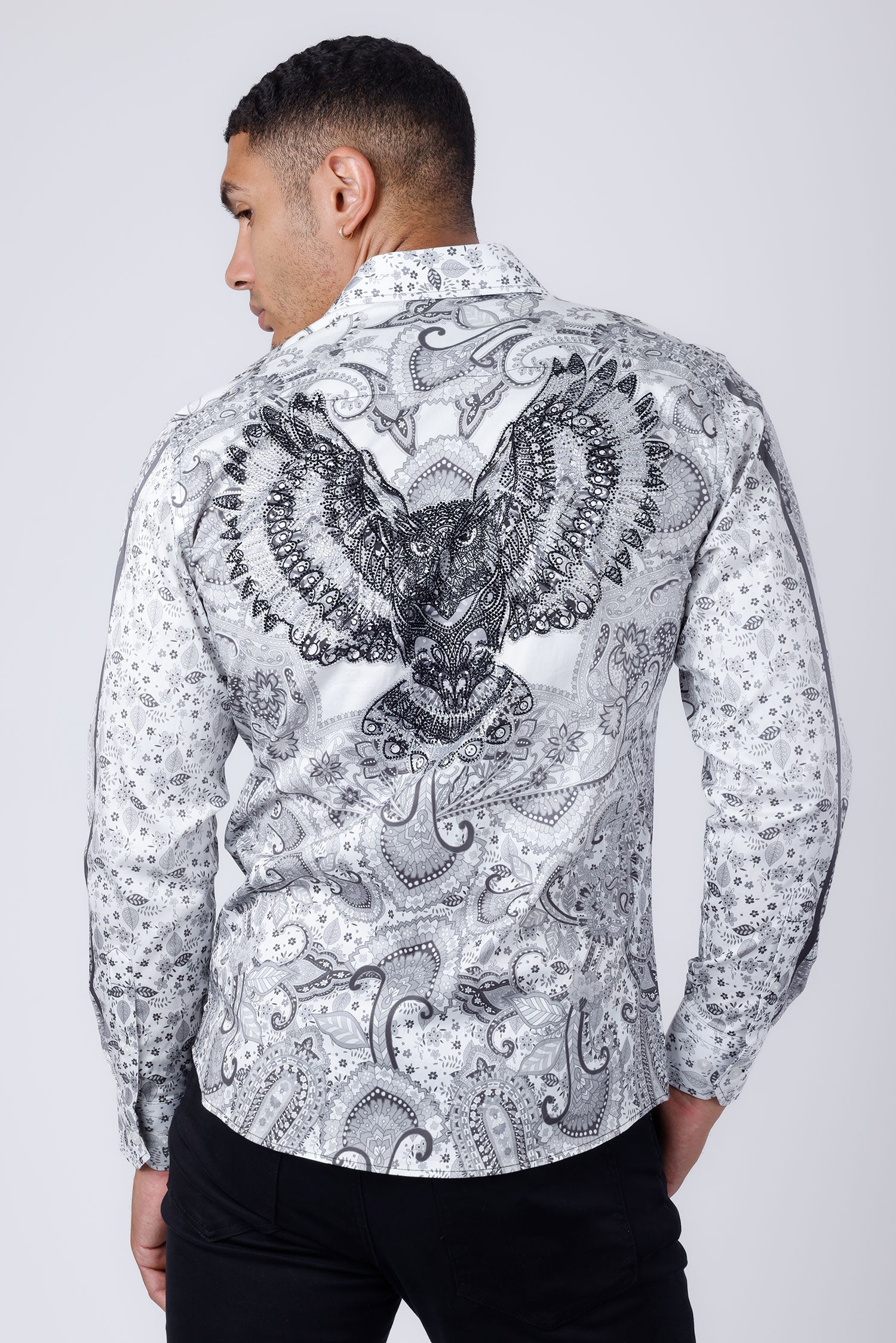 BARABAS Men's Rhinestone Eagle Long Sleeve Shirts 4SPR01 White