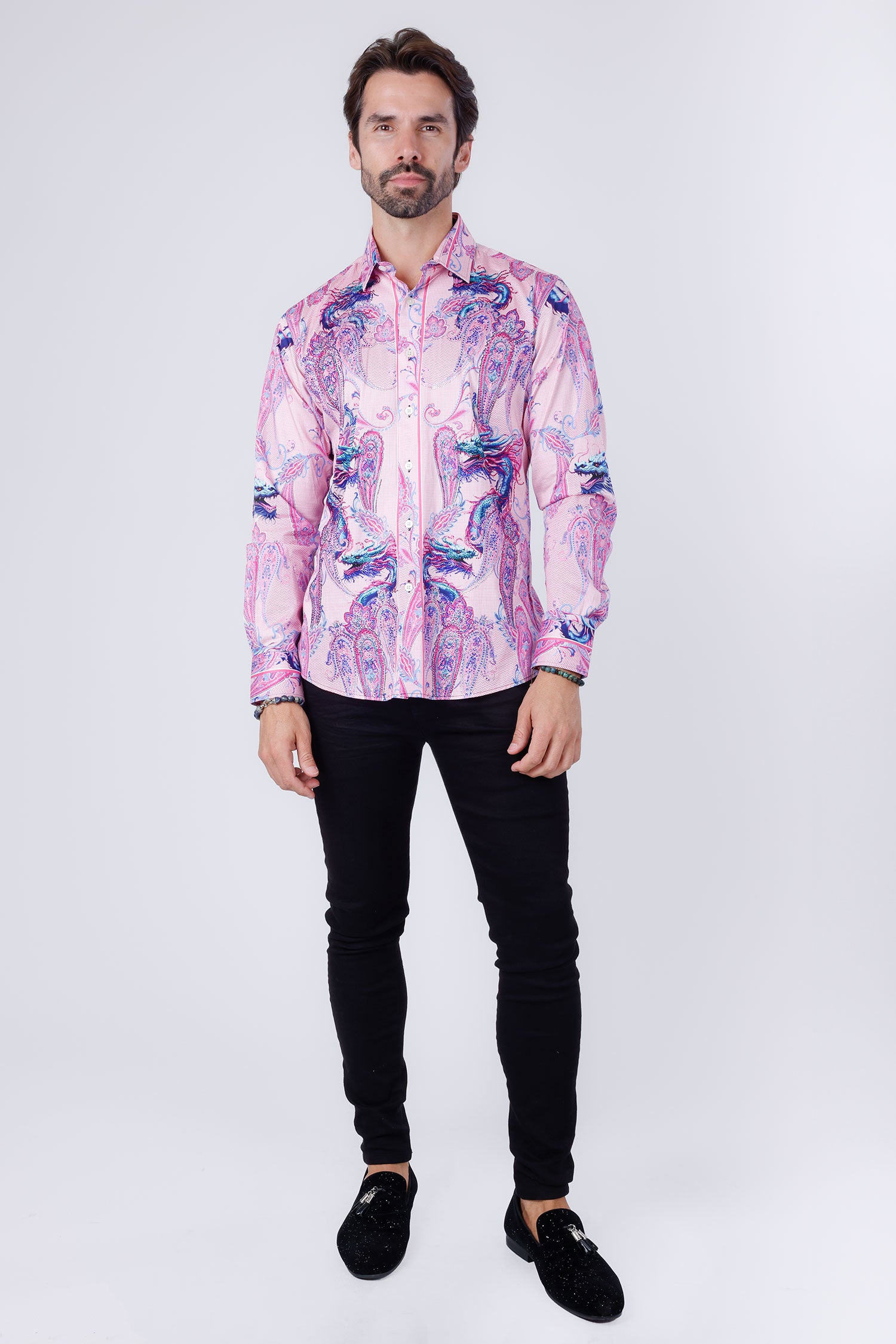 Barabas Men's Rhinestone Paisley Dragon Long Sleeve Shirts 4SPR02 Pink