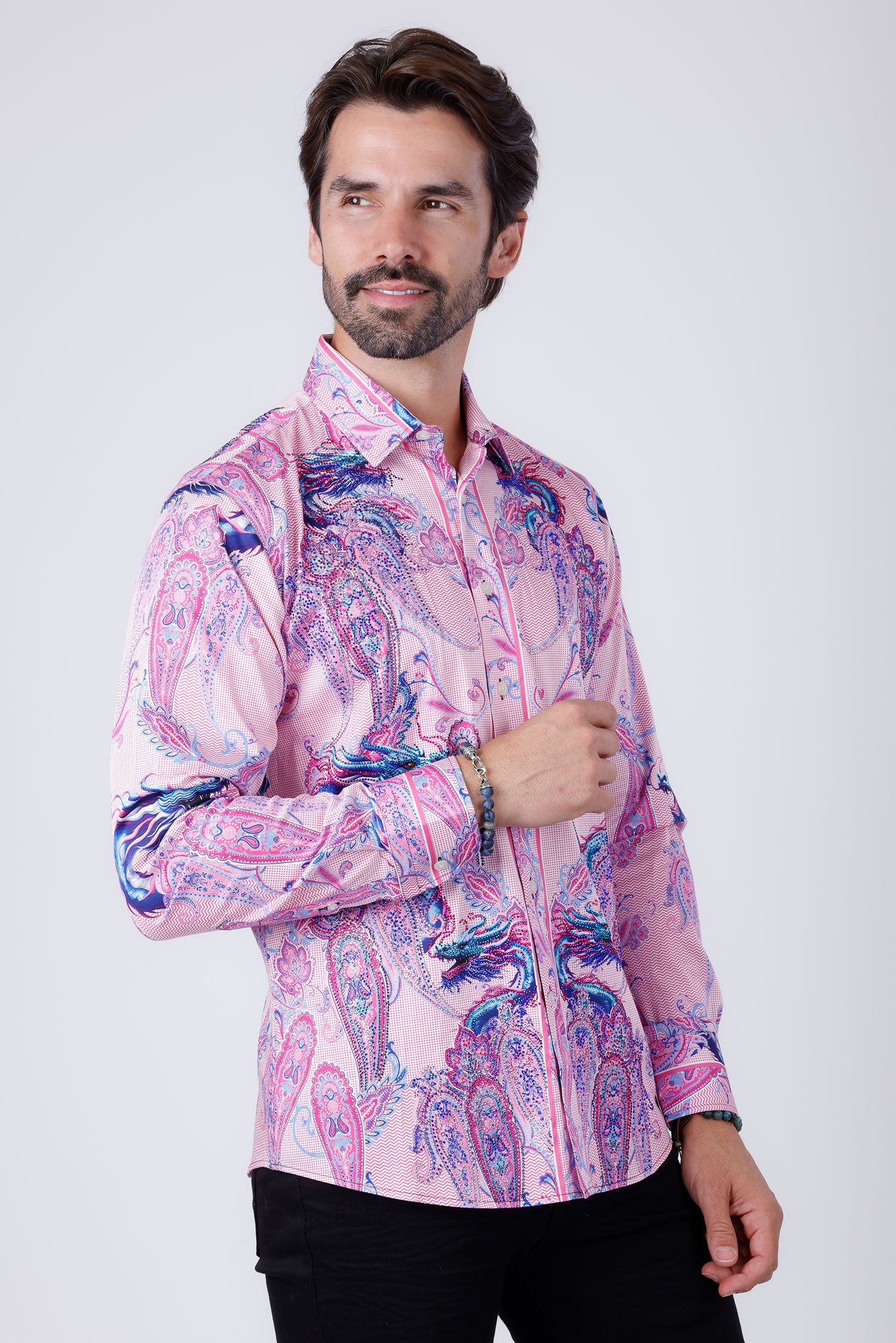 Barabas Men's Rhinestone Paisley Dragon Long Sleeve Shirts 4SPR02 Pink