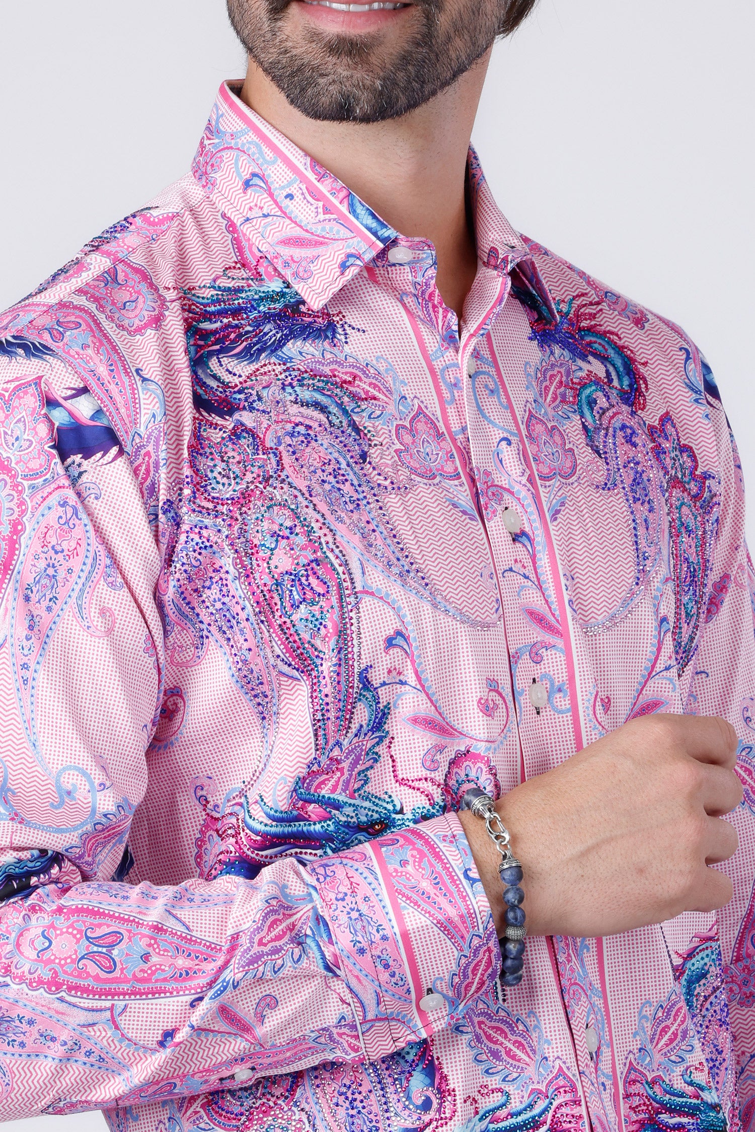 Barabas Men's Rhinestone Paisley Dragon Long Sleeve Shirts 4SPR02 Pink