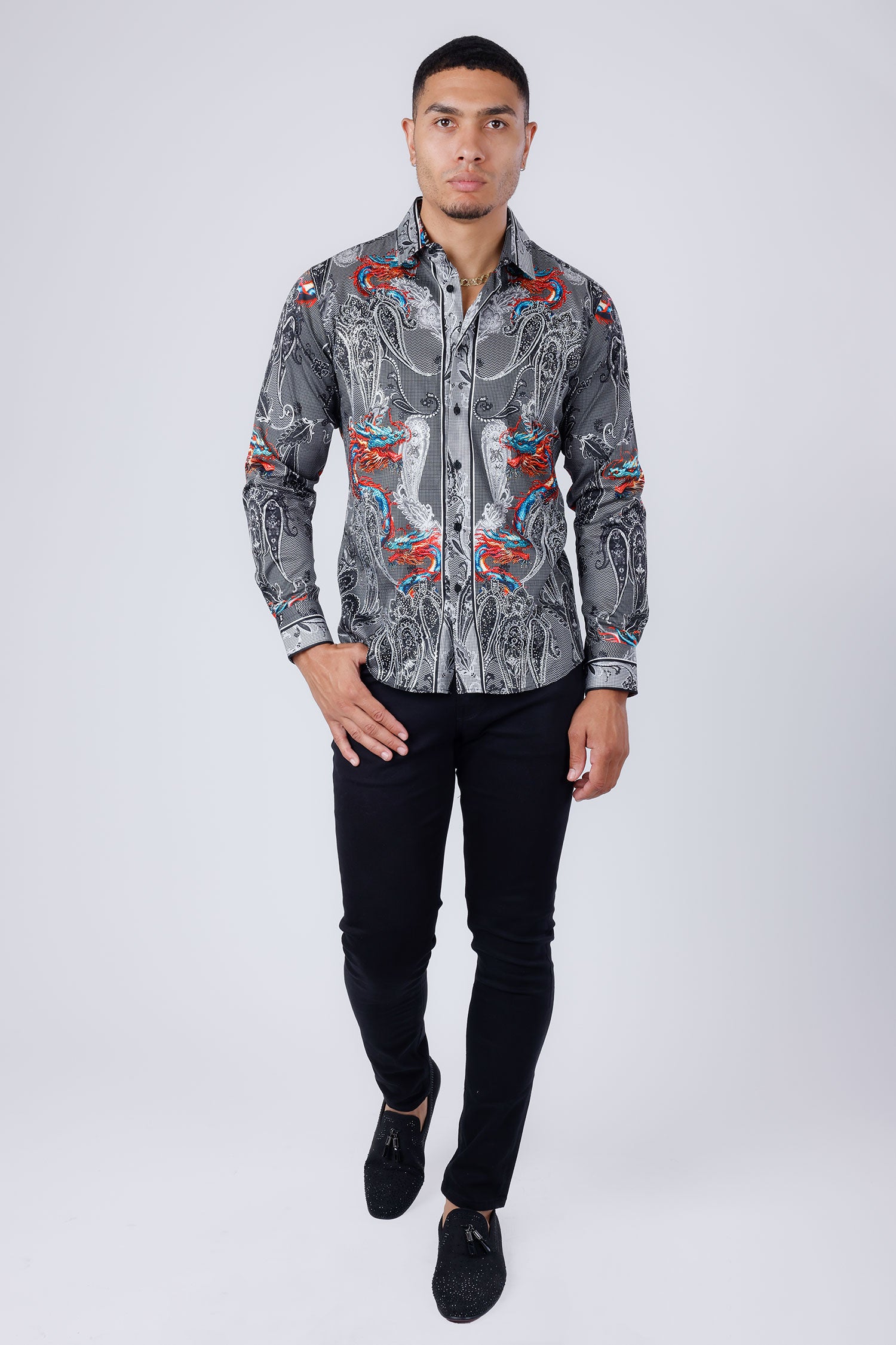 Barabas Men's Rhinestone Paisley Dragon Long Sleeve Shirts 4SPR02 Red