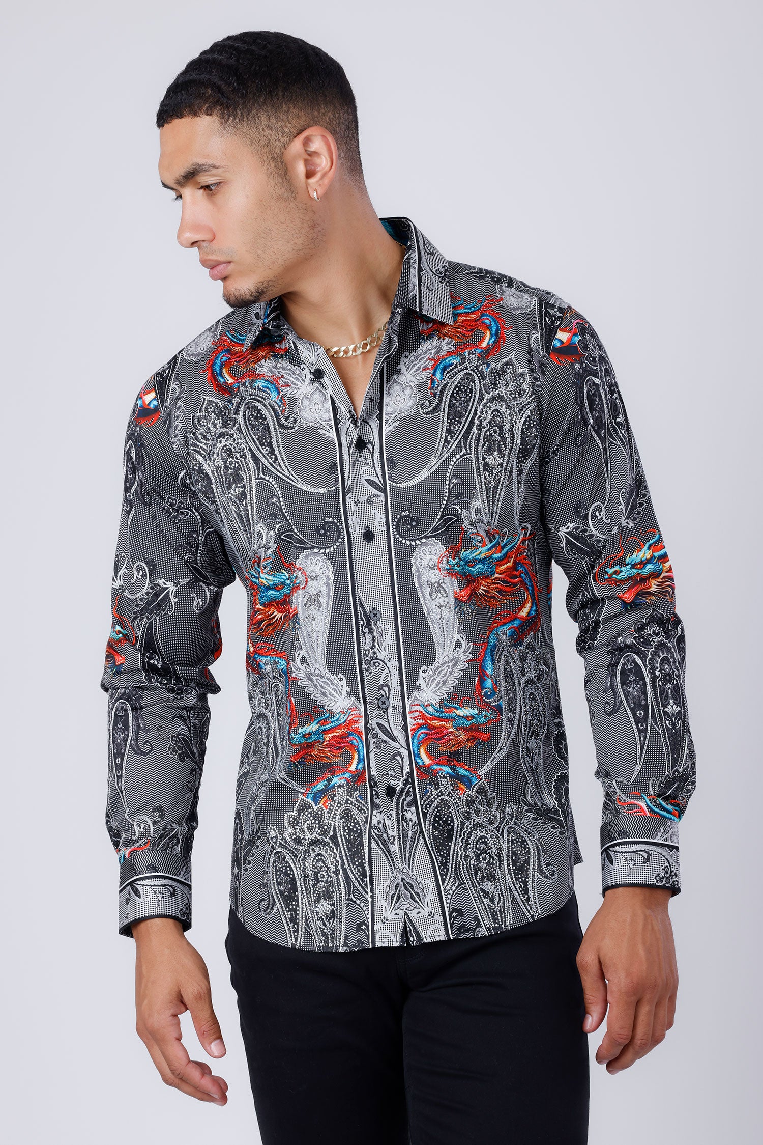 Barabas Men's Rhinestone Paisley Dragon Long Sleeve Shirts 4SPR02 Charcoal