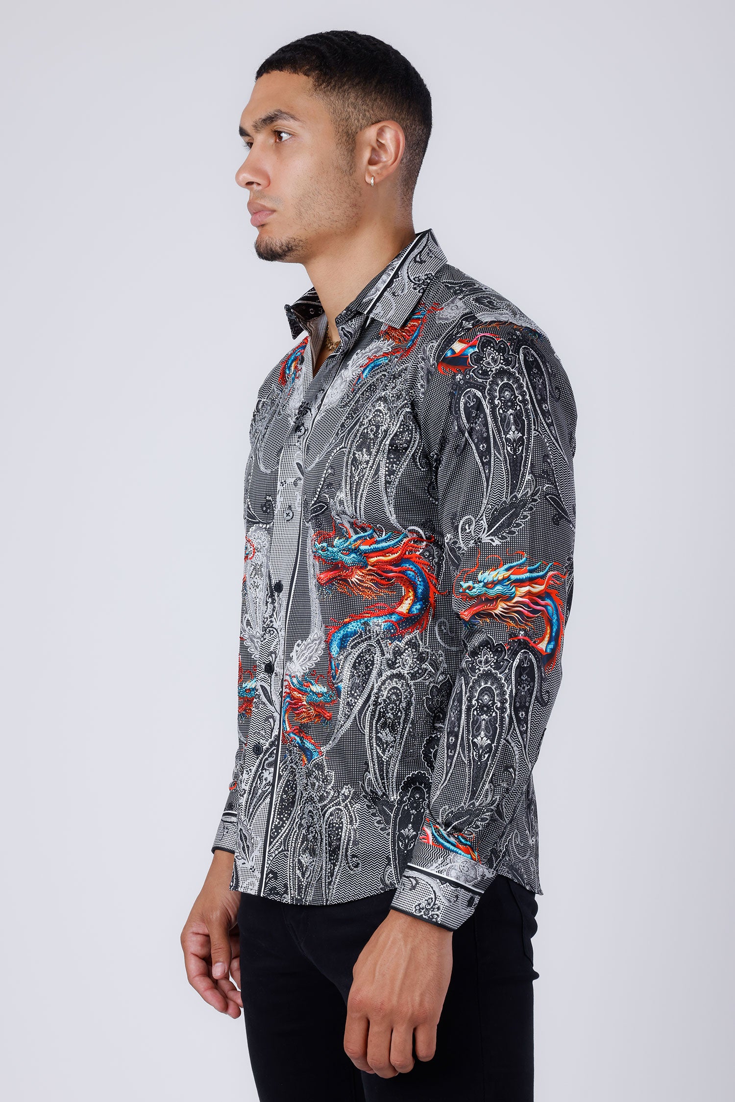 Barabas Men's Rhinestone Paisley Dragon Long Sleeve Shirts 4SPR02 Black