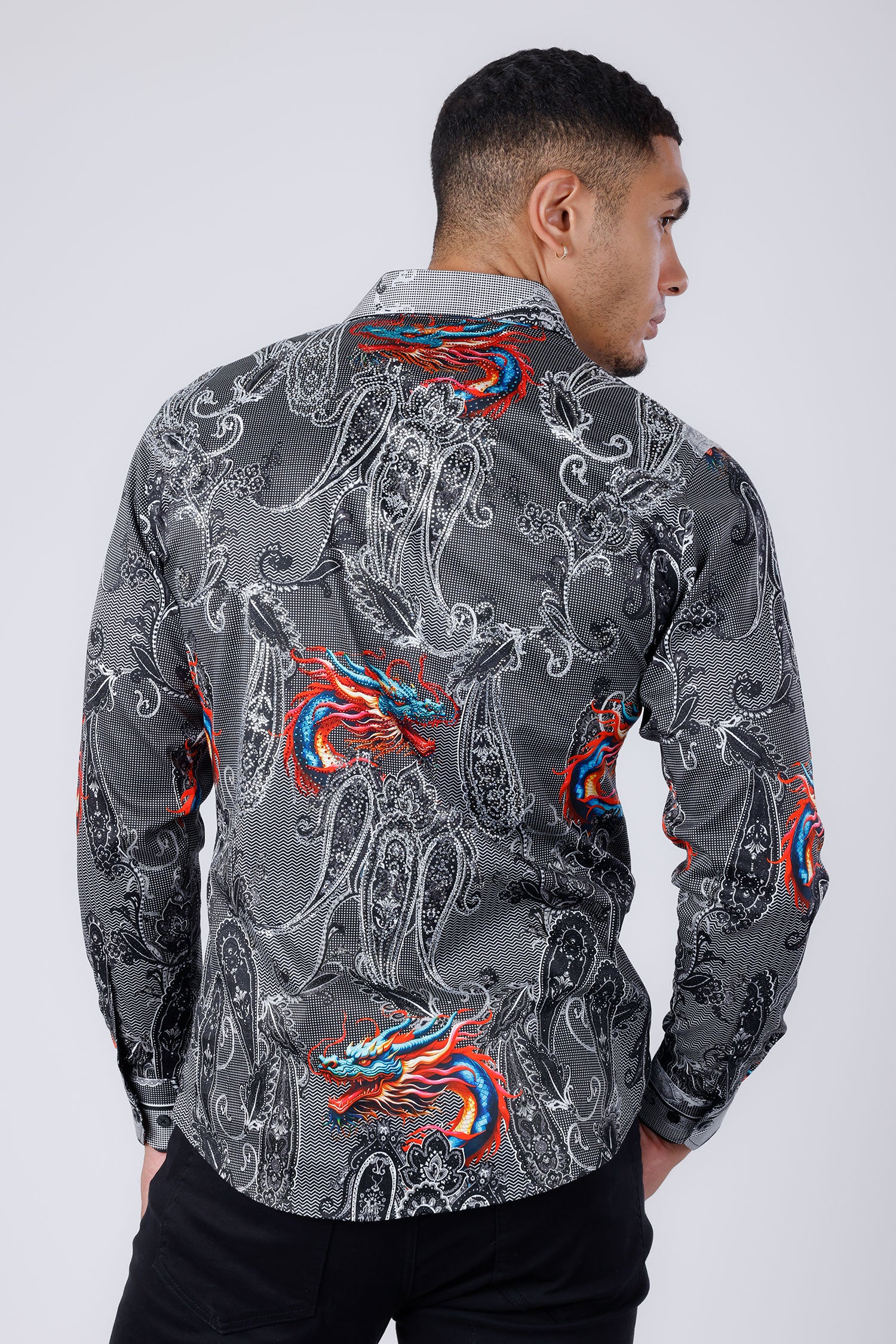 Barabas Men's Rhinestone Paisley Dragon Long Sleeve Shirts 4SPR02 Grey