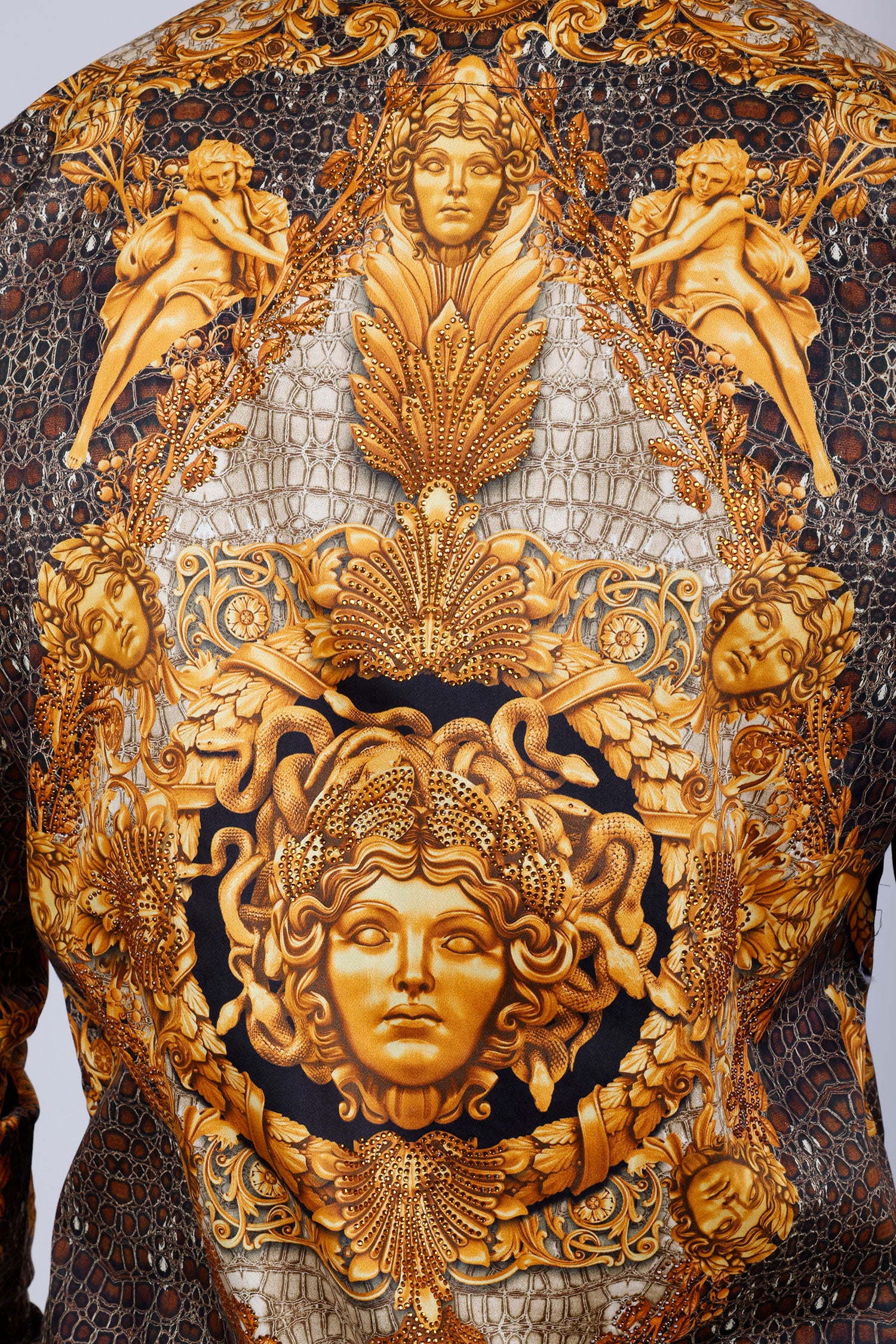 Barabas Men's Rhinestone Medusa Snake Skin Long Sleeve Shirts 4SPR03 Gold